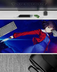 Midnight blue and neon streaks anime desk pad 40x20 inches with bold, dramatic cyber vibe.