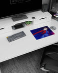 Anime swordswoman in motion mouse pad 14x10 inches, icy stare, fluffy white collar, silver blade.
