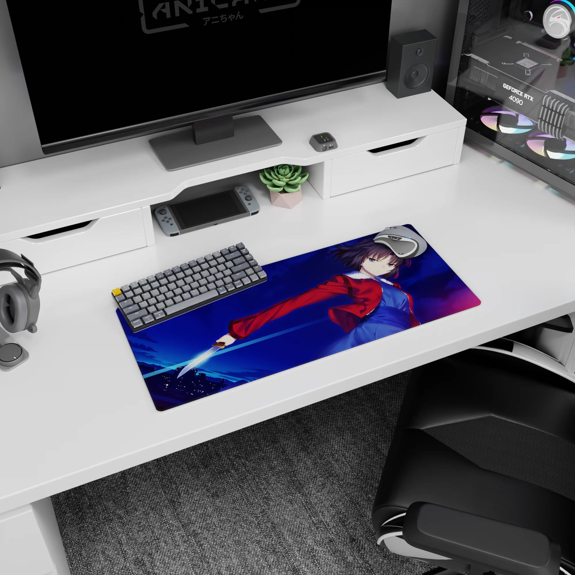28x12 inches extended mouse pad showing icy-stared swordswoman twisting mid-strike, jacket snapping behind.