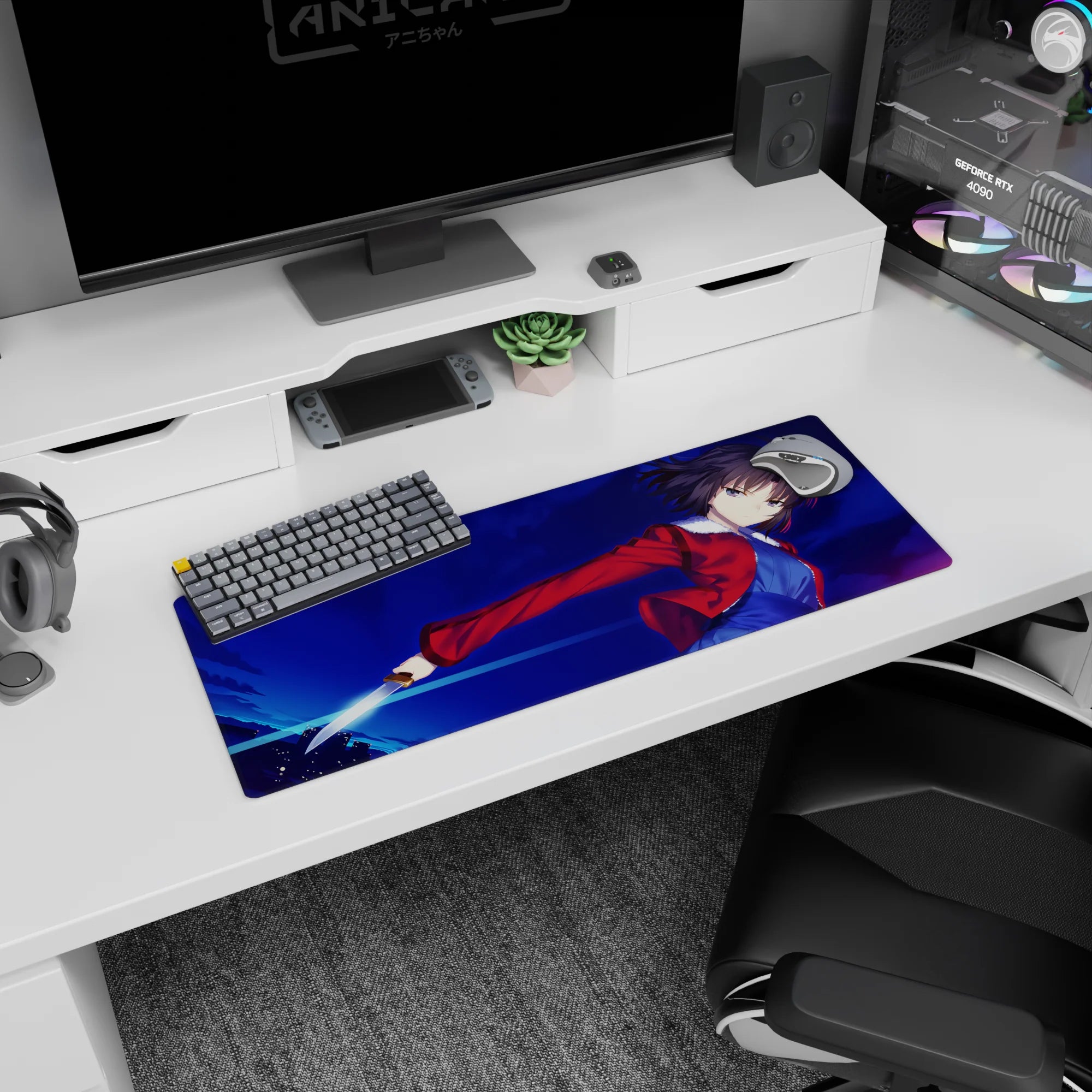 32x12 inches anime girl mouse pad featuring fierce swordswoman, fluffy white collar, icy stare, blade flashing.