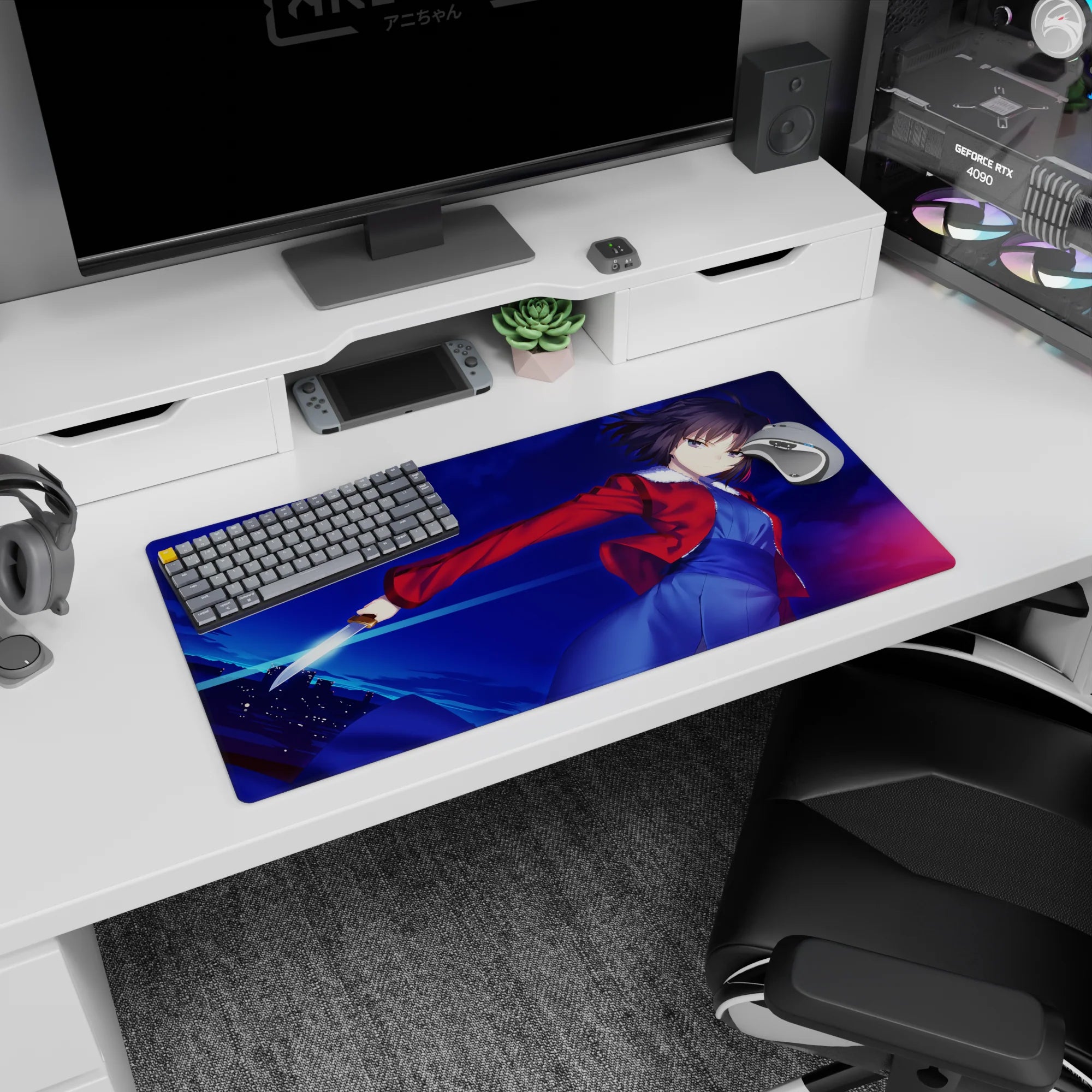 32x16 inches anime girl mouse pad showing icy-eyed fighter twisting mid-strike, jacket flaring, sword flashing.