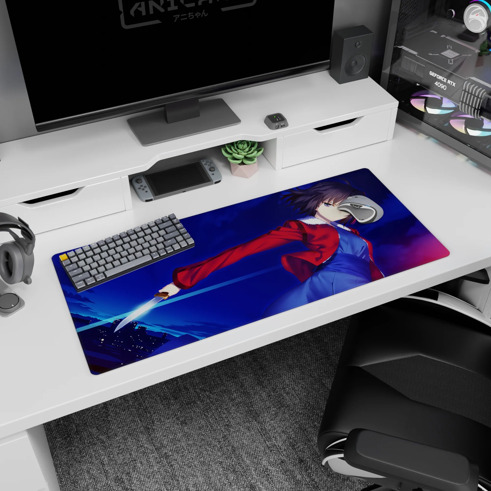 Short-haired anime warrior twisting mid-strike on desk pad 36x16 inches, red jacket flaring, blade flashing.