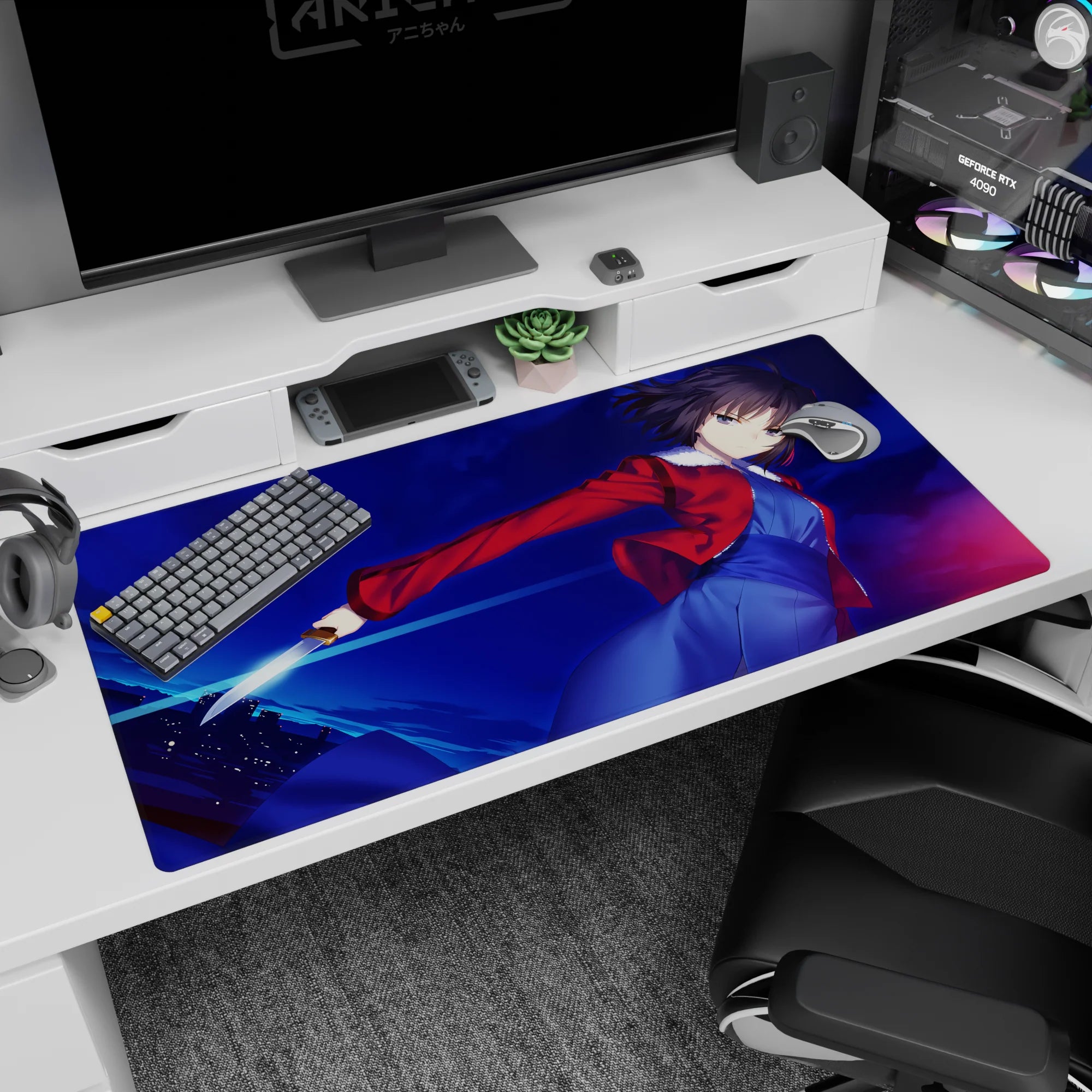 Short-haired anime girl with icy stare, red jacket and silver blade on desk pad 40x20 inches.