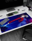 Short-haired anime girl with icy stare, red jacket and silver blade on desk pad 40x20 inches.