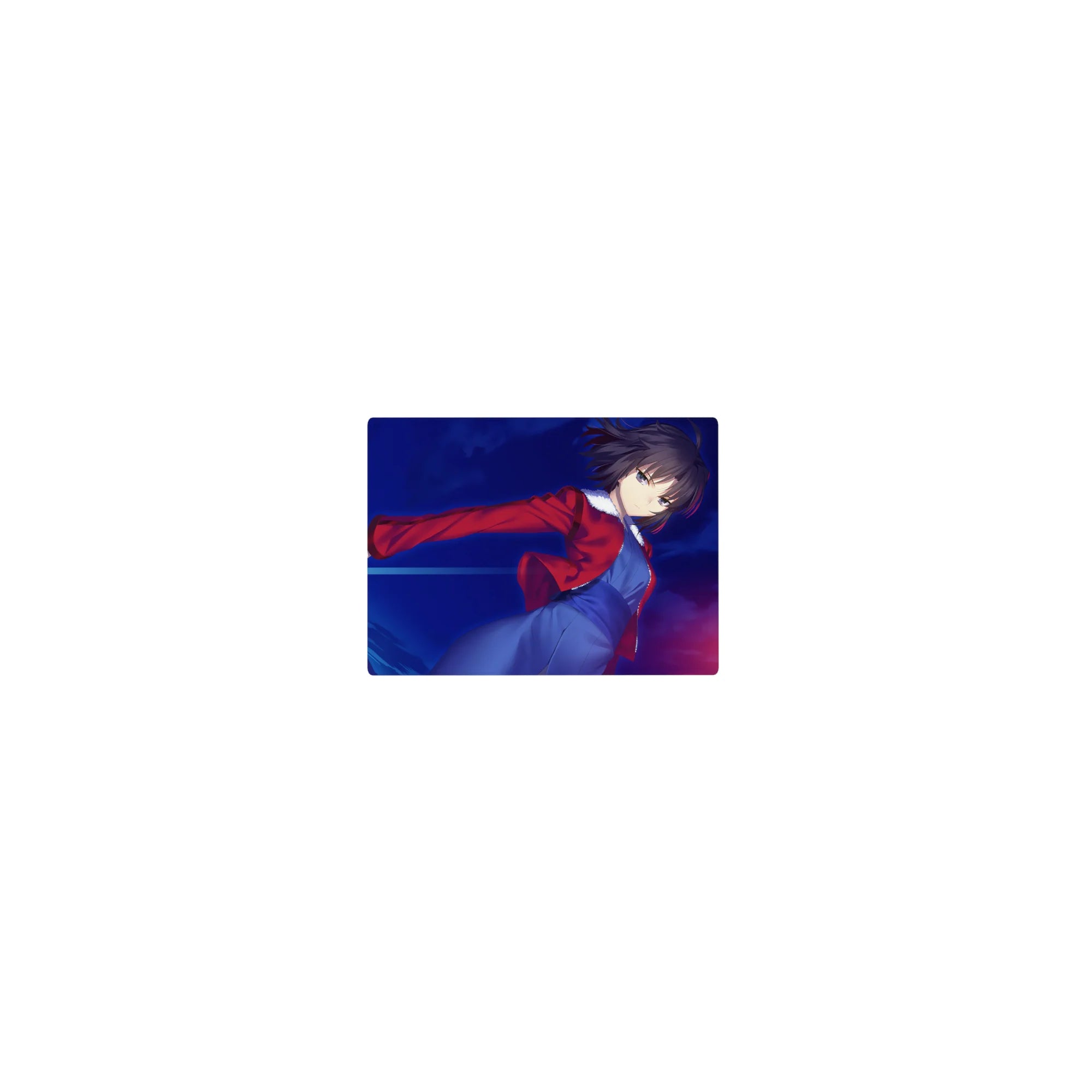 Classic anime girl mouse pad 14x10 inches, short-haired heroine with sword, red jacket and blue dress.