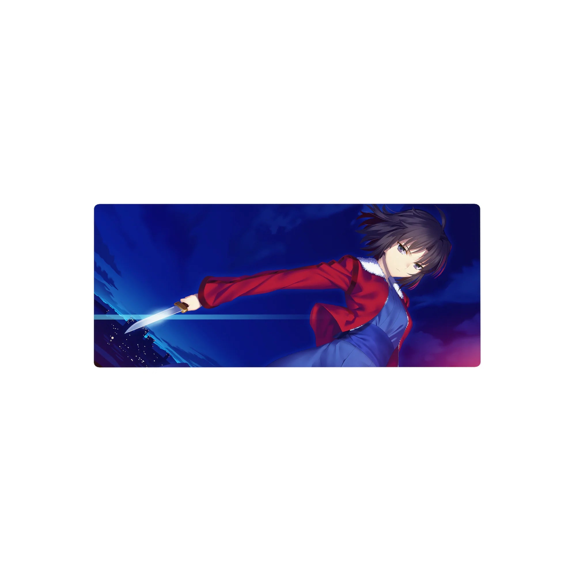 28x12 inches anime girl mouse pad with short-haired heroine, red jacket, blue dress, and silver blade.