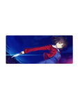 28x12 inches anime girl mouse pad with short-haired heroine, red jacket, blue dress, and silver blade.