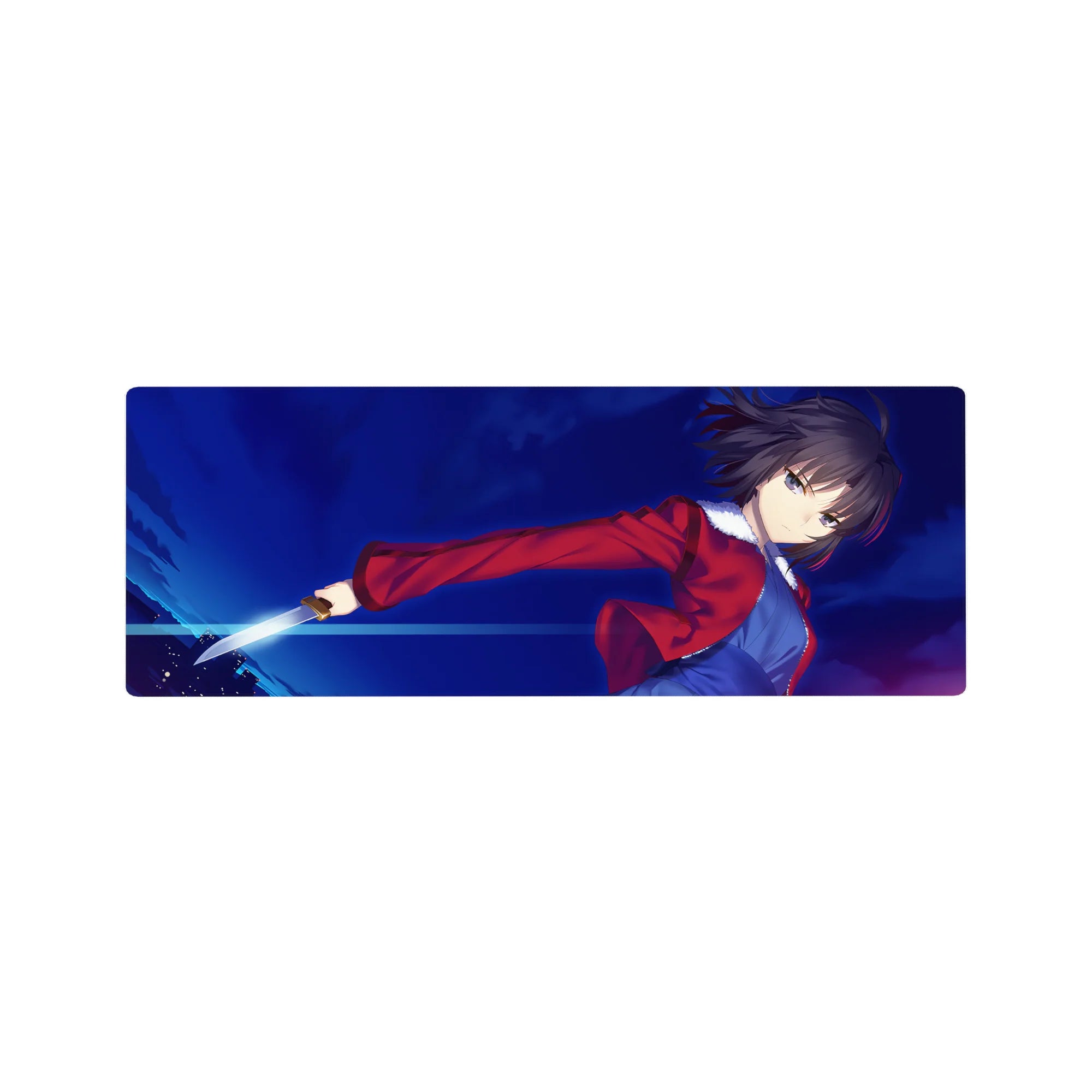 32x12 inches anime girl mouse pad with short-haired heroine in motion, red jacket, blue dress, silver blade.