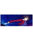 32x12 inches anime girl mouse pad with short-haired heroine in motion, red jacket, blue dress, silver blade.