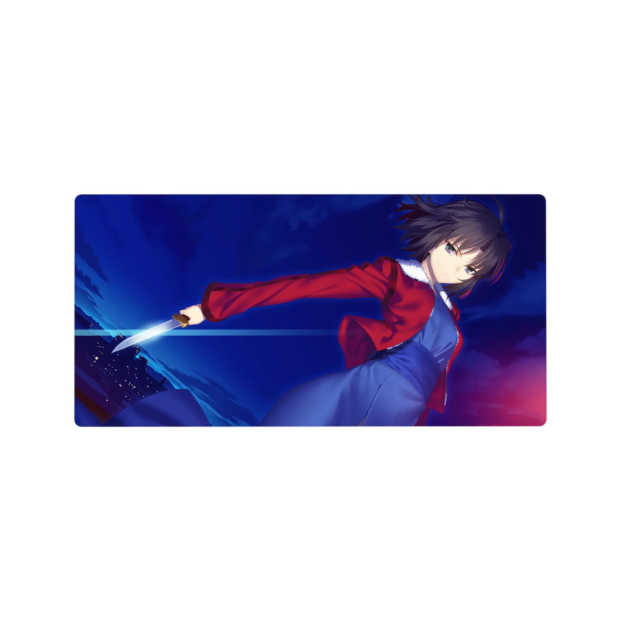 32x16 inches anime girl mouse pad with short-haired heroine, blue dress, red jacket, and silver blade.