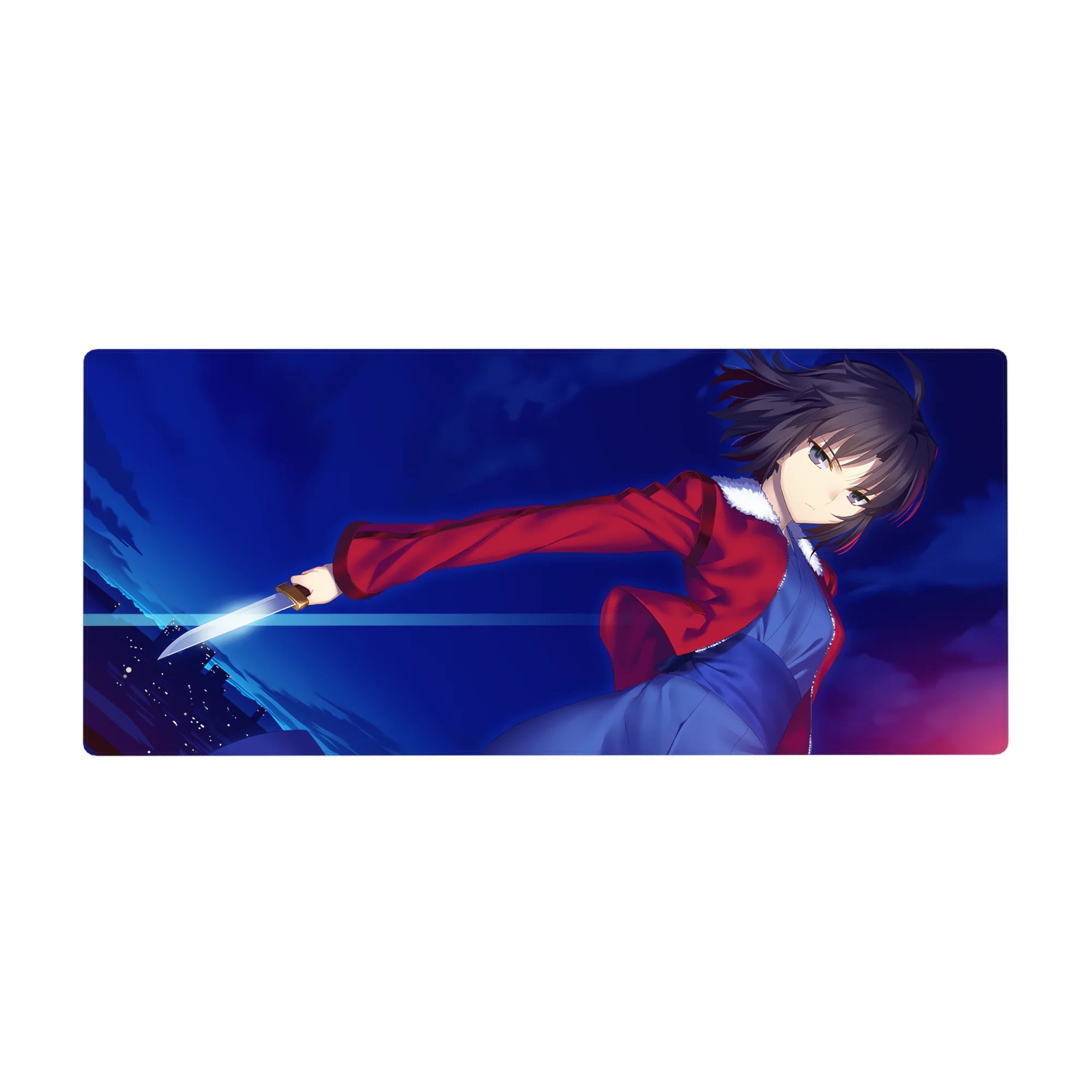 Anime girl desk pad 36x16 inches with short-haired heroine, blue dress, red jacket, and silver blade.