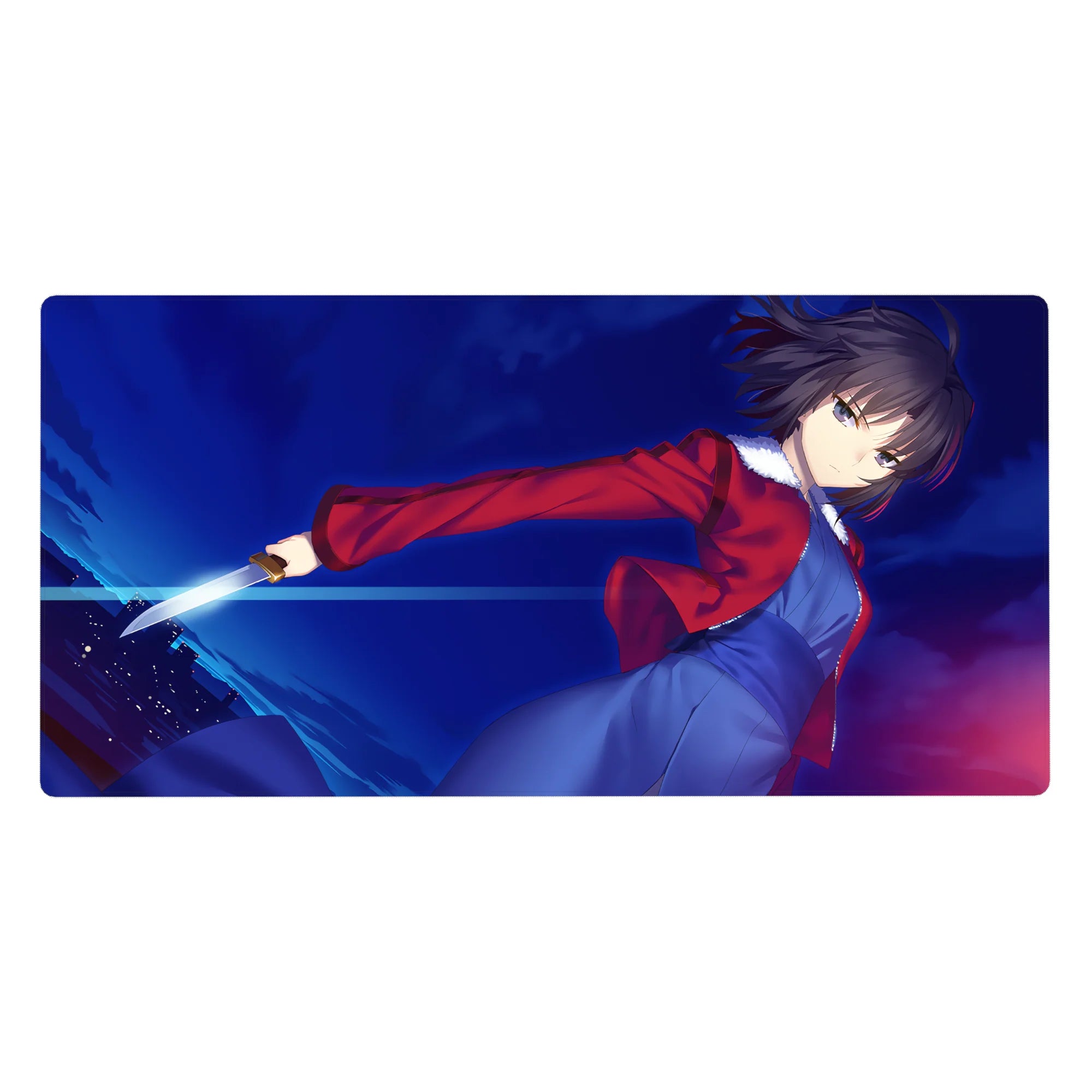 Anime girl desk pad 40x20 inches featuring a sword-wielding heroine in motion with neon accents.