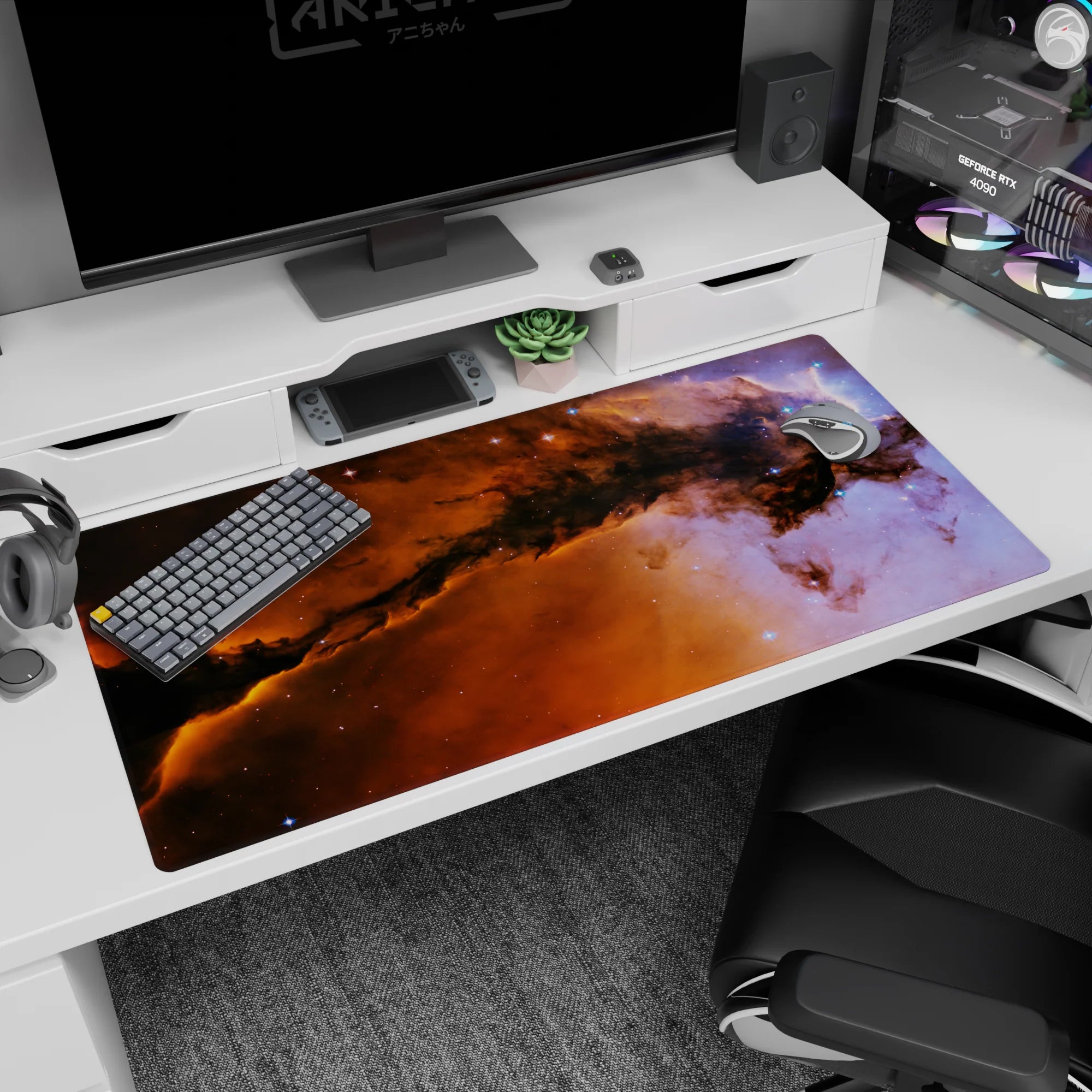 Starry cloudscape desk pad 40x20 inches featuring caramel clouds drifting under a soft lavender glow.