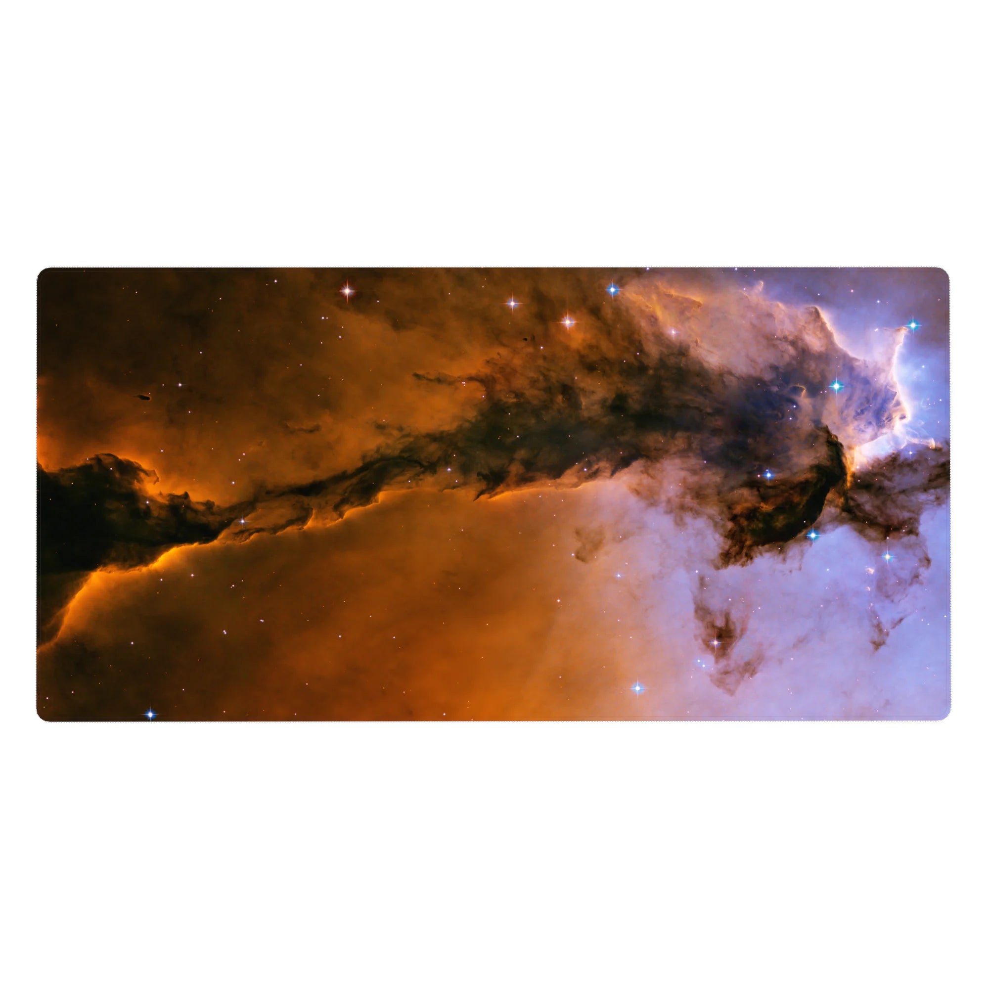 Galaxy desk pad 40x20 inches with smoky caramel clouds, lavender glow, and scattered star sparkles.