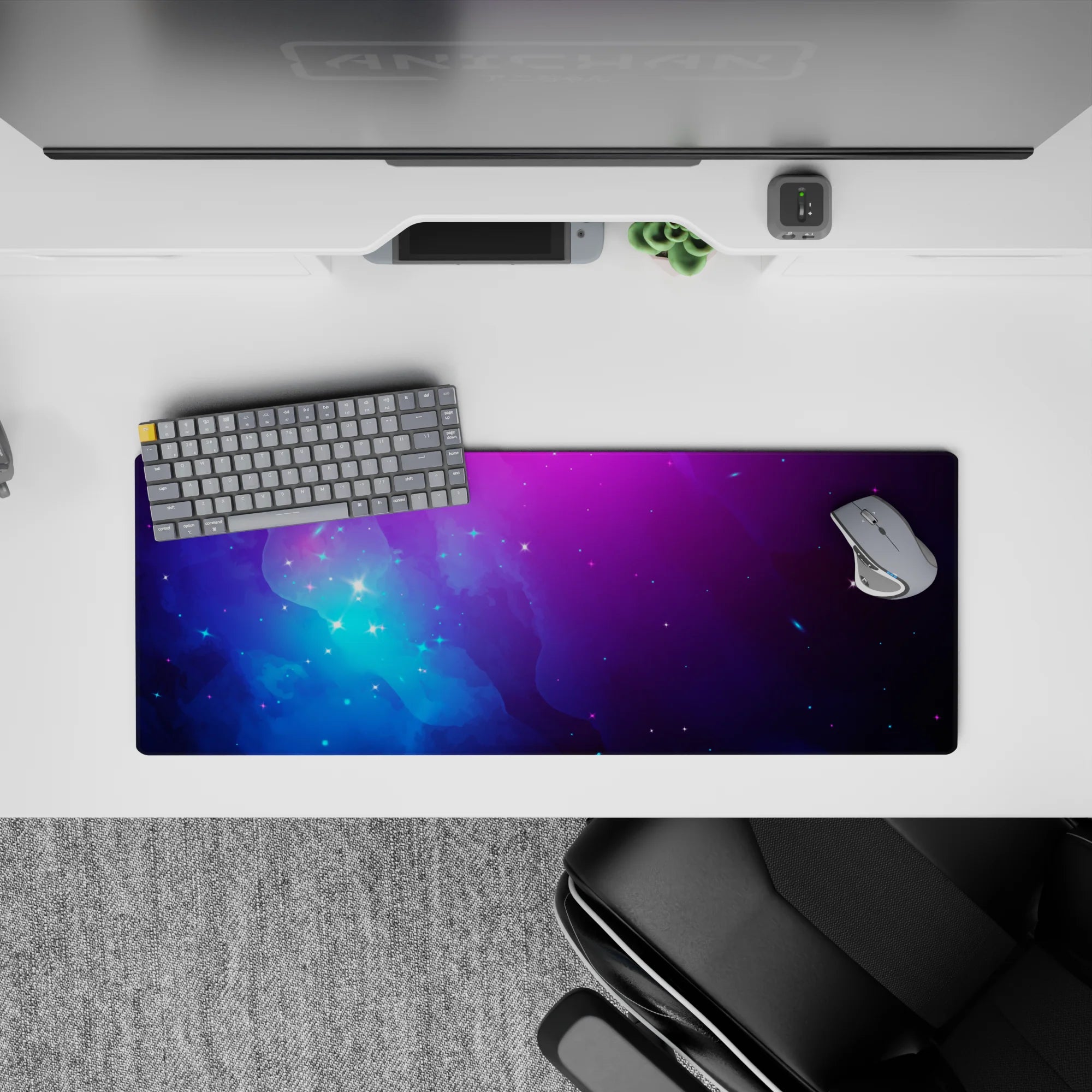 Dreamy violet-to-electric blue 32x12 inches mouse pad with calm cosmic mood and subtle starry shimmer.