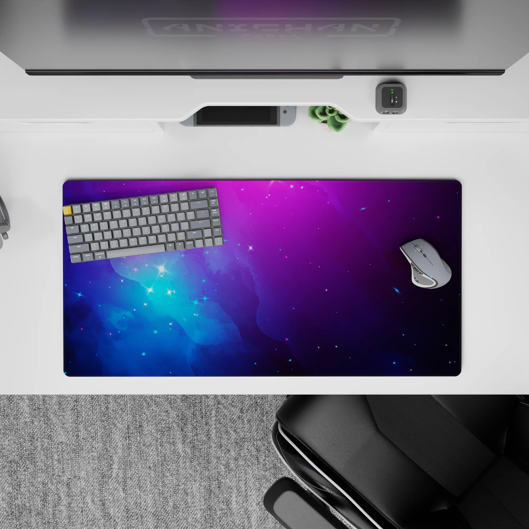 Dreamy violet-to-electric blue 32x16 inches mouse pad, calm cosmic mood with subtle twinkling stars.