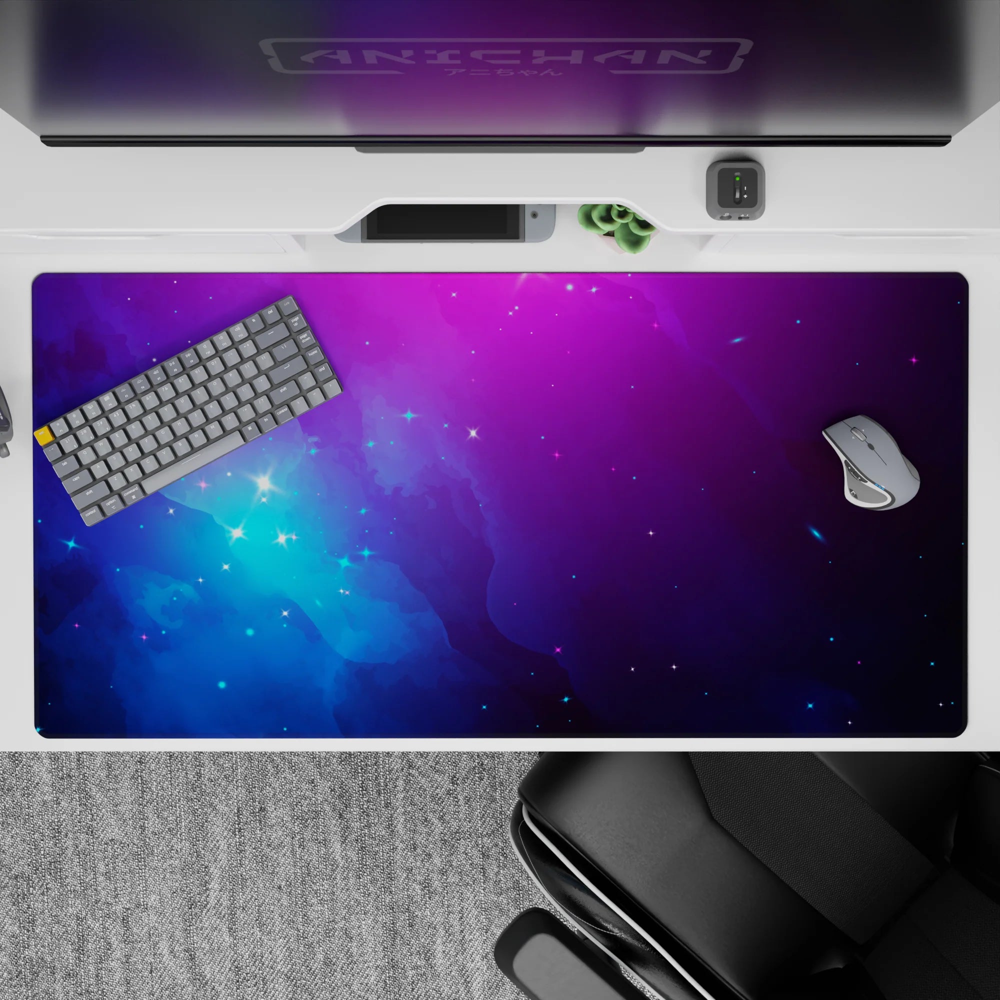 Dreamy violet-to-electric blue desk pad 40x20 inches with calming cosmic mood and subtle twinkling stars.
