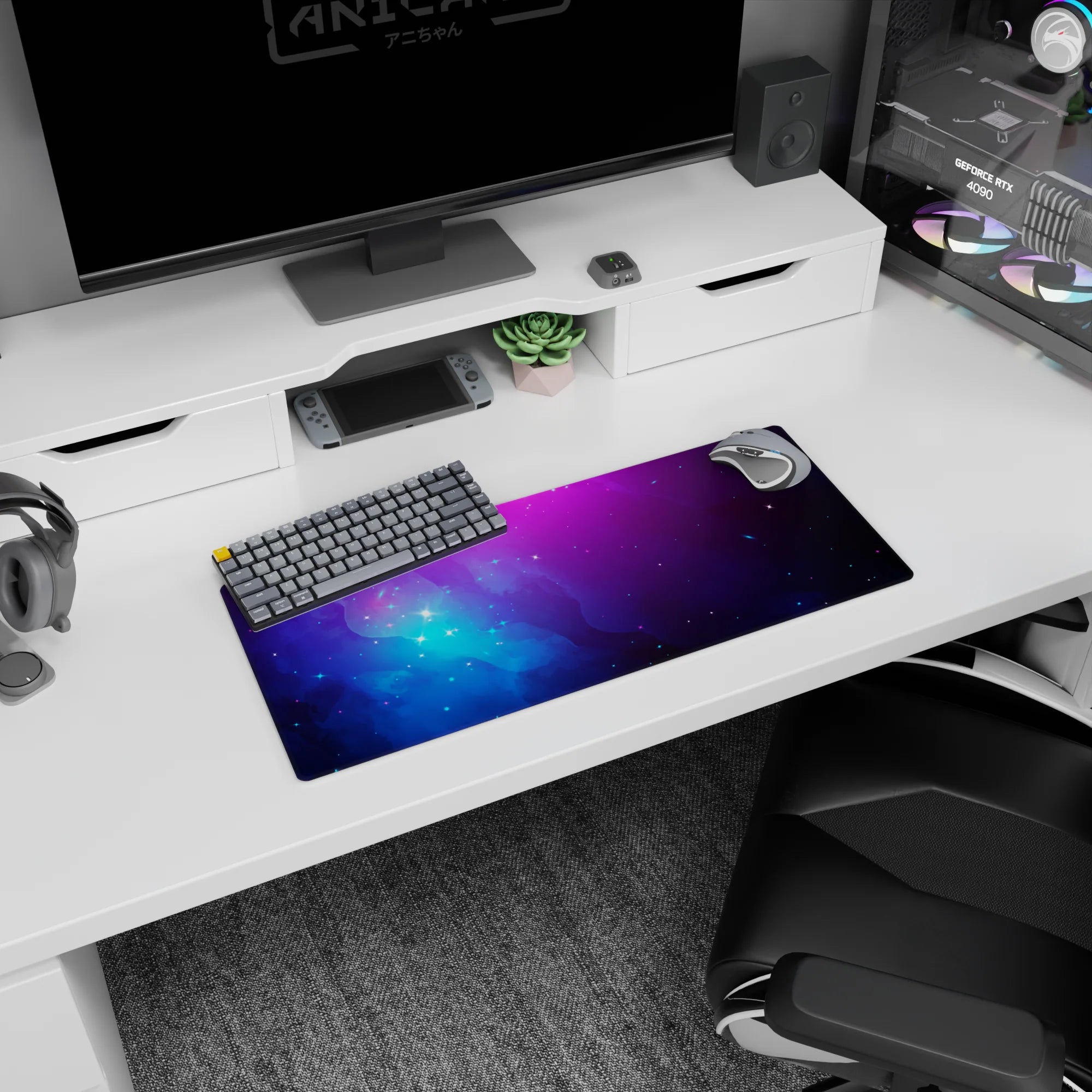 Star-speckled cosmic cloud scene mouse pad 28x12 inches, like a tiny universe on your desk.