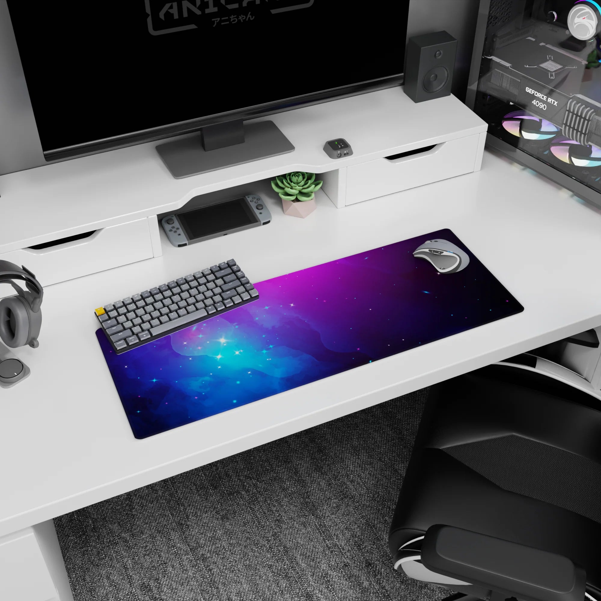 Star-speckled nebula scene 32x12 inches desk mouse pad with swirling clouds over a deep space backdrop.