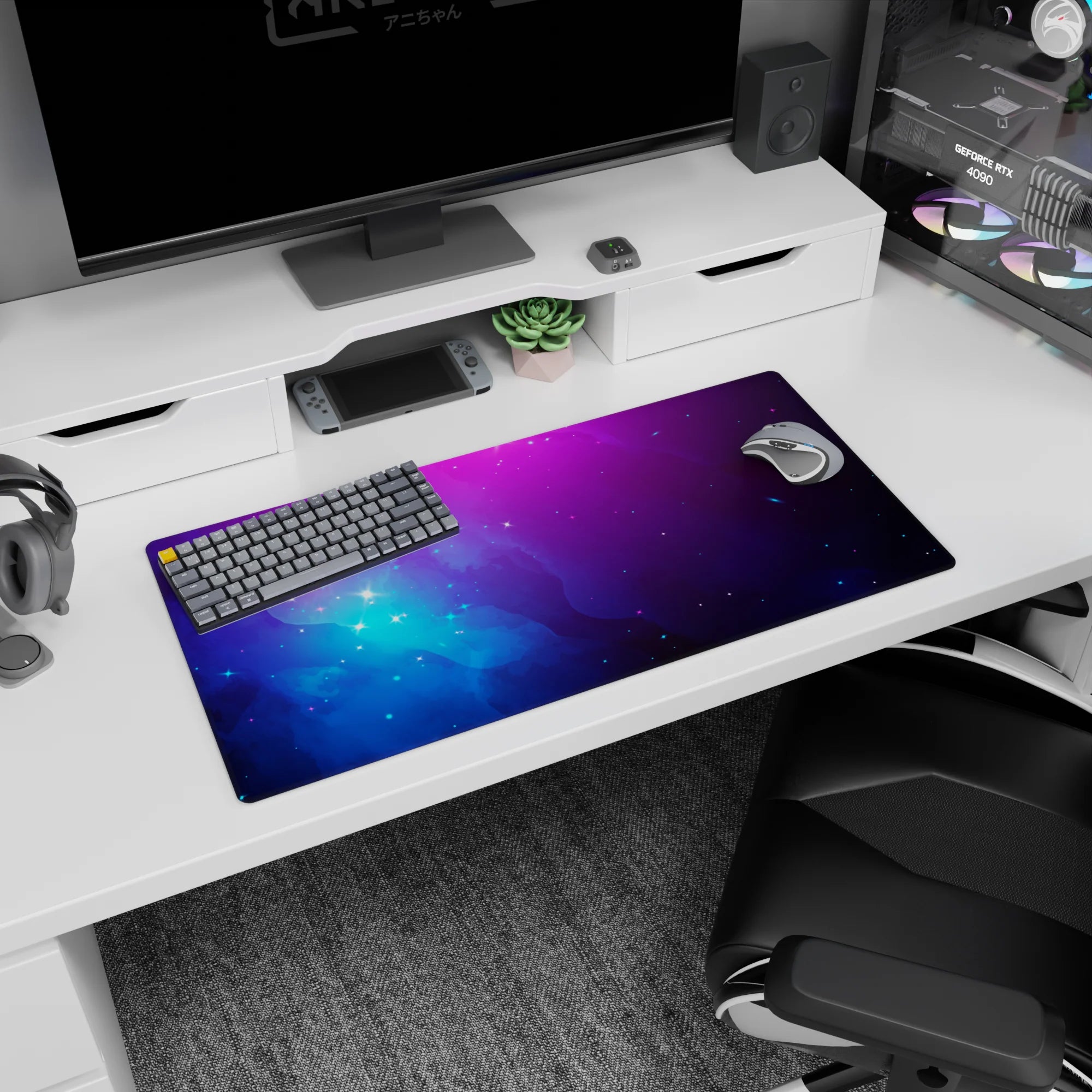 32x16 inches mouse pad featuring a mini universe scene of nebulous clouds and scattered starry speckles.