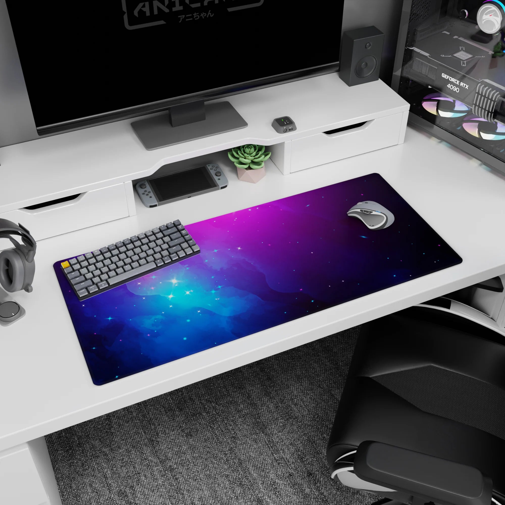 Star-speckled nebula scene desk pad 36x16 inches, soft cloud-like swirls across a mini universe.