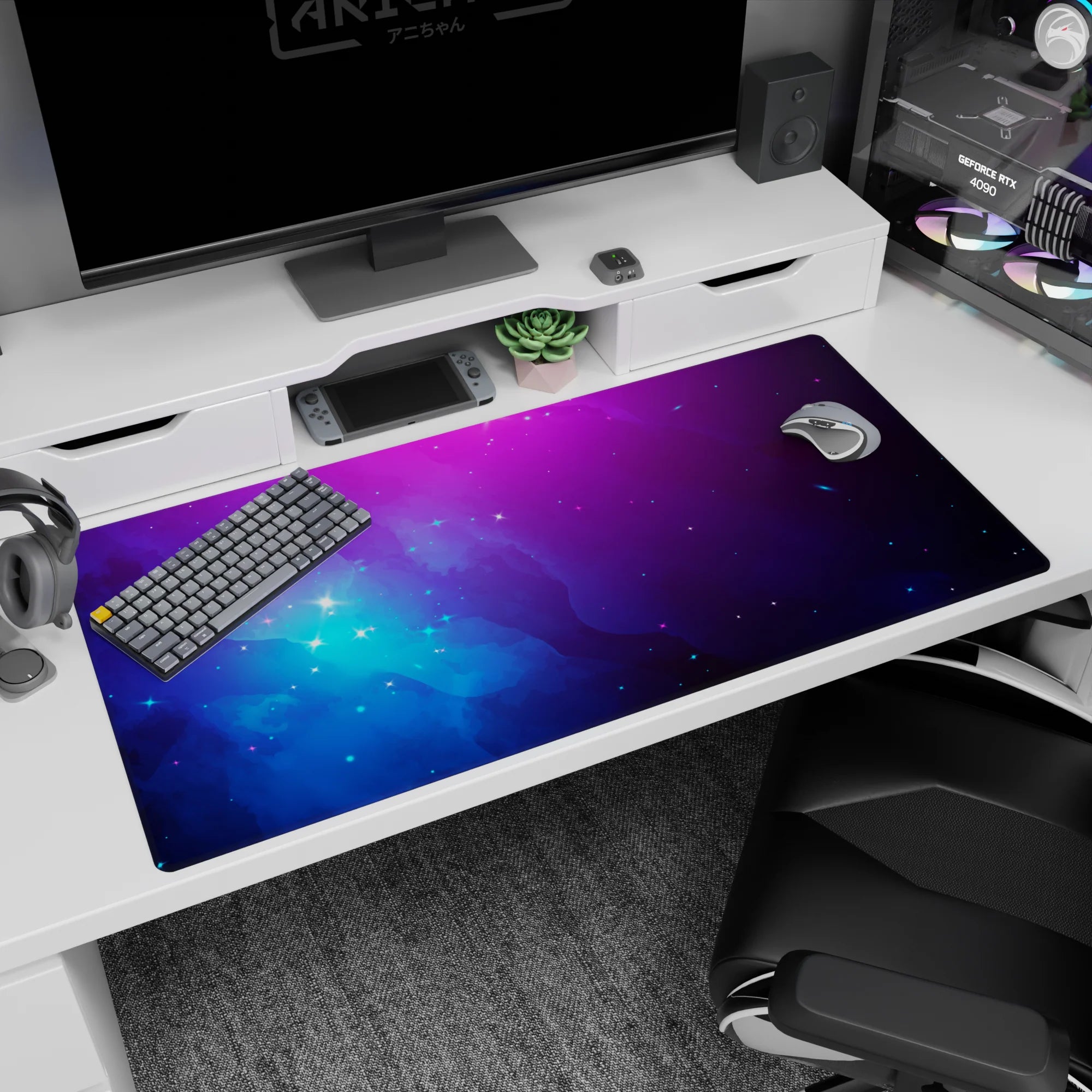 Nebula scene desk pad 40x20 inches featuring soft cloud swirls and starry speckles like a mini universe.