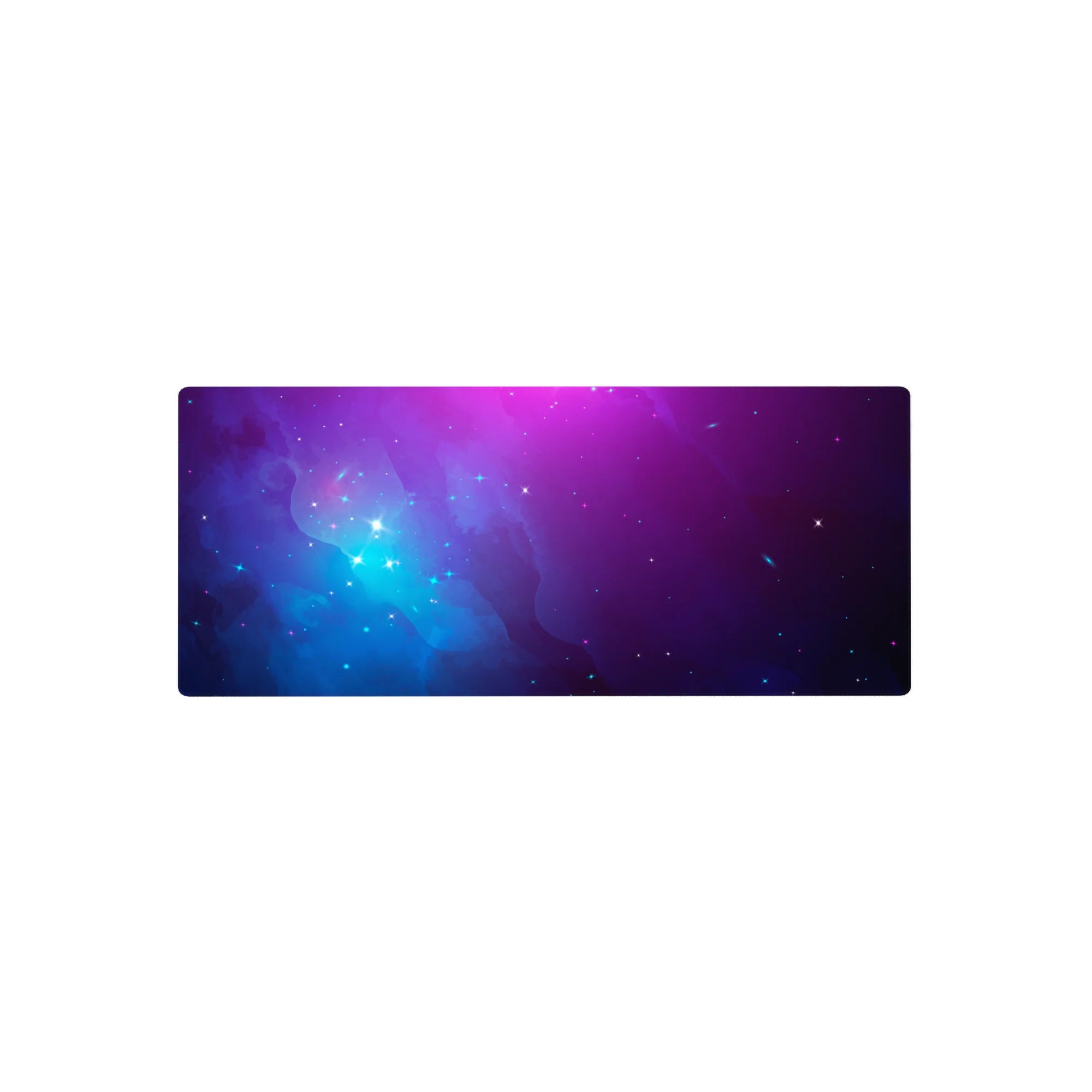 Galaxy vibes desk mouse pad 28x12 inches with cloud-like swirls and twinkling star specks.