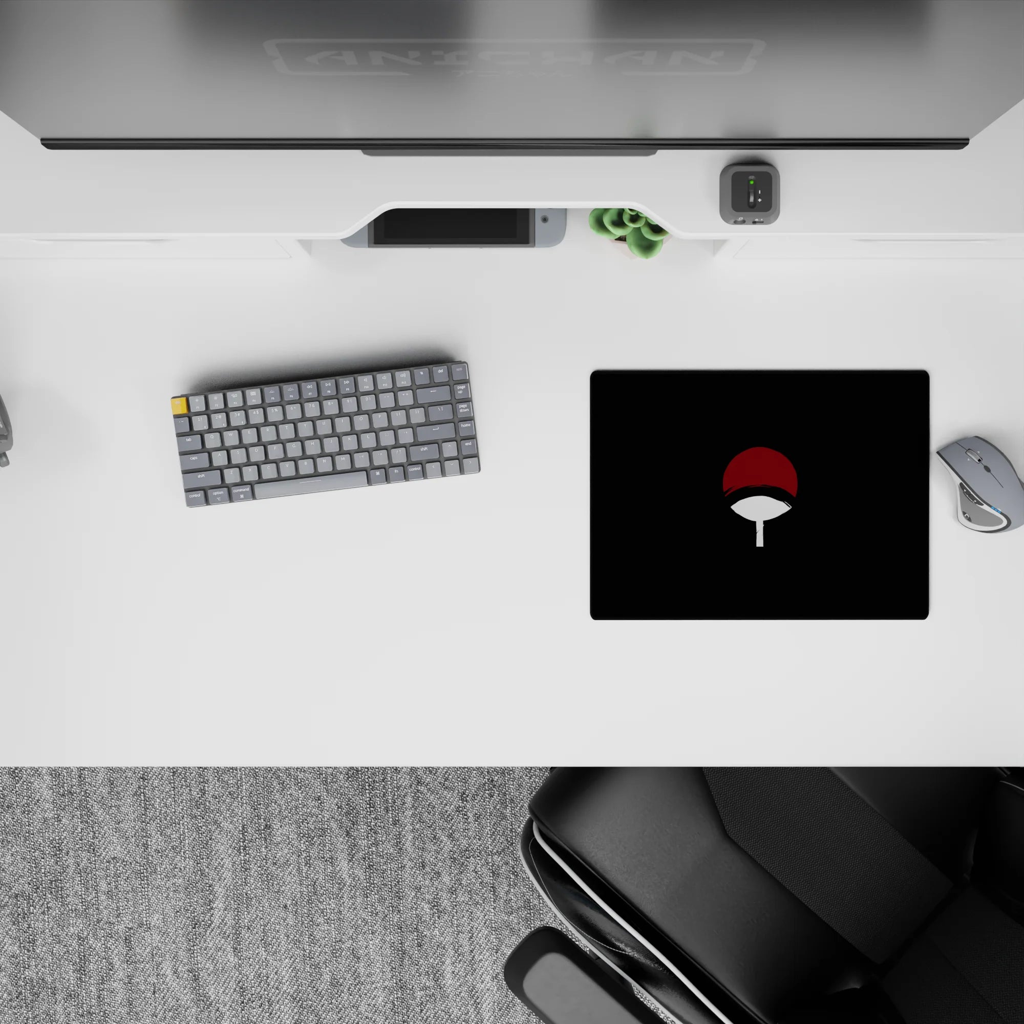 14x10 inches dark minimalist anime mouse pad, deep black with sharp red cap and bright white handle.