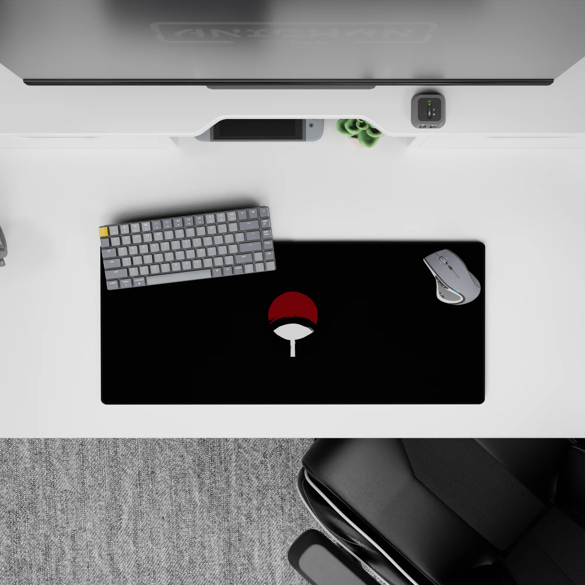 28x12 inches dark anime mouse pad in deep black with red-and-white fan, quiet intense Sasuke vibe.