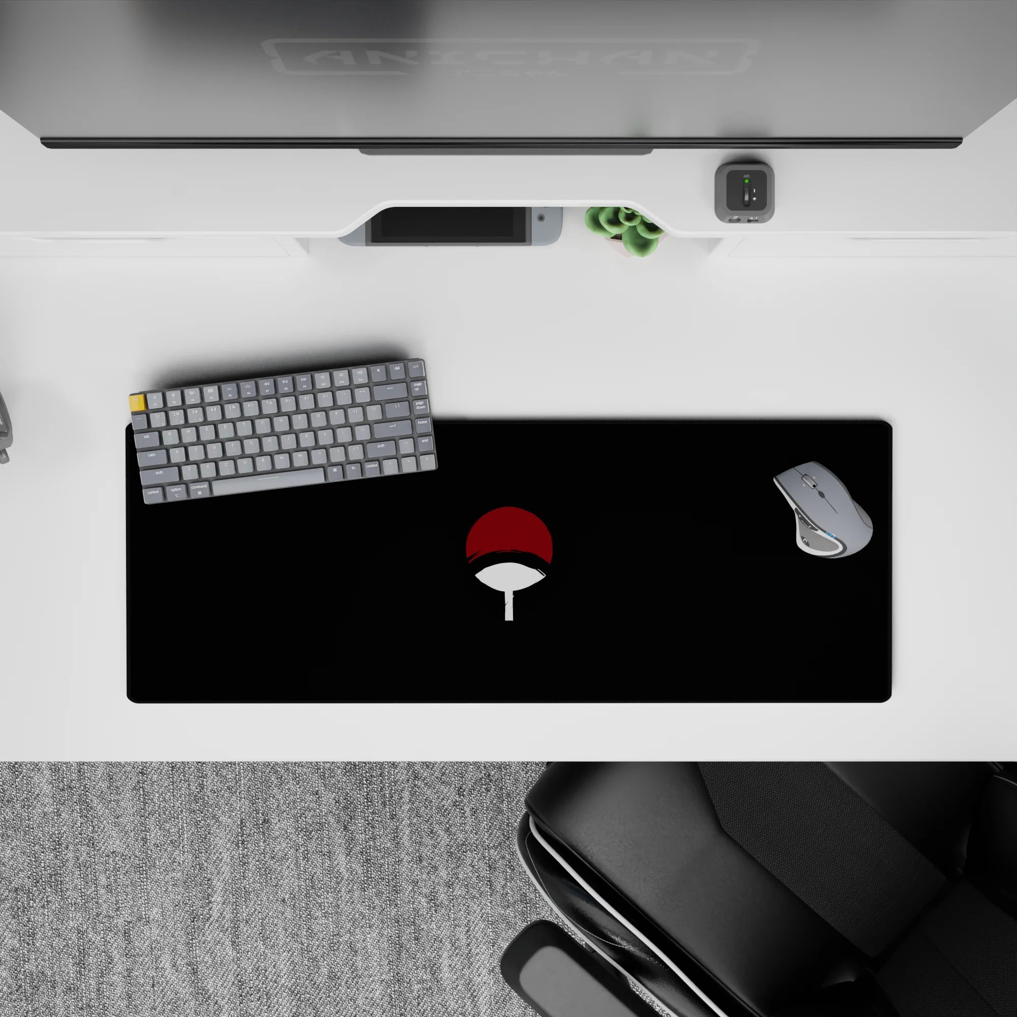 32x12 inches dark anime desk mouse pad, black backdrop with red cap and white handle, quiet intense vibe.