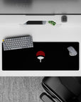 32x12 inches dark anime desk mouse pad, black backdrop with red cap and white handle, quiet intense vibe.