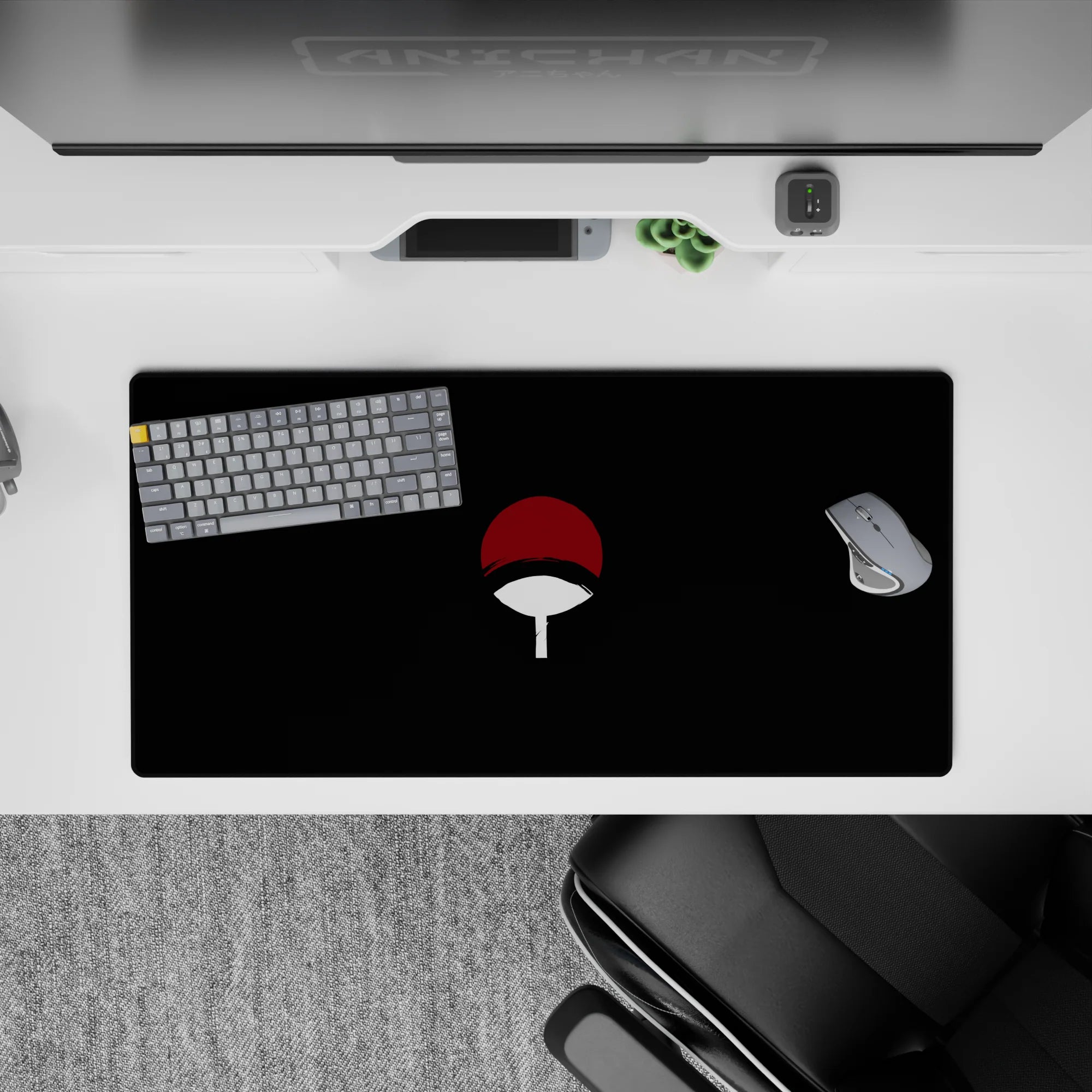 Dark black anime mouse pad 32x16 inches with red cap and white handle, quiet intense vibe.