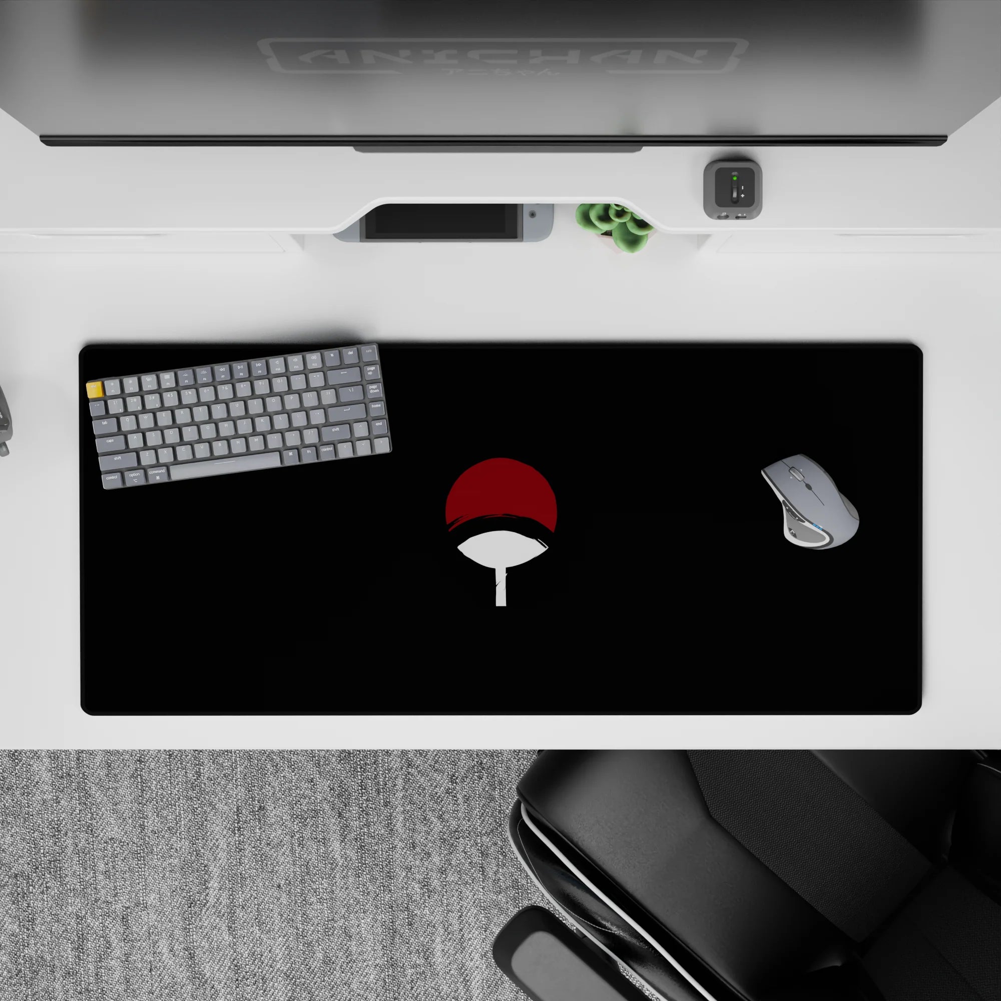 Dark black anime desk pad with red cap and white handle, moody minimal style, 36x16 inches.