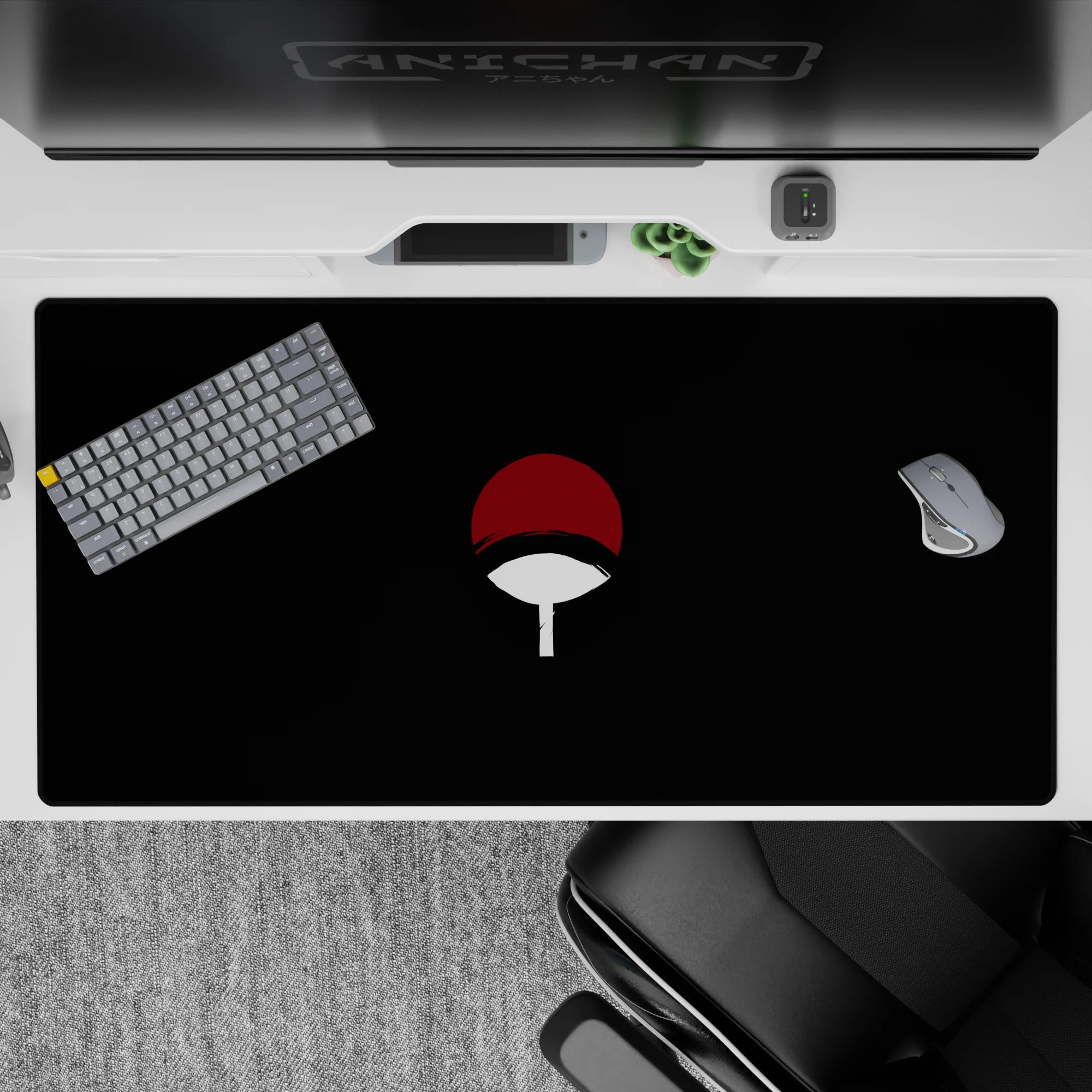 Dark minimalist anime desk pad 40x20 inches, deep black with red cap and white handle.