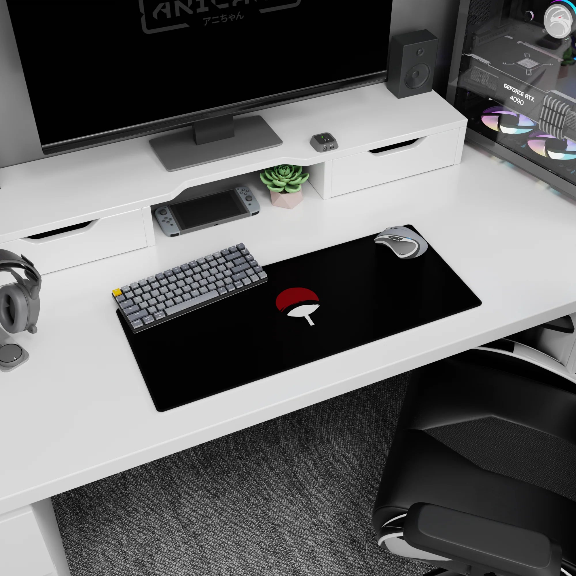 28x12 inches Naruto-inspired mouse pad featuring the Uchiha symbol, perfect for a Sasuke Uchiha desk.