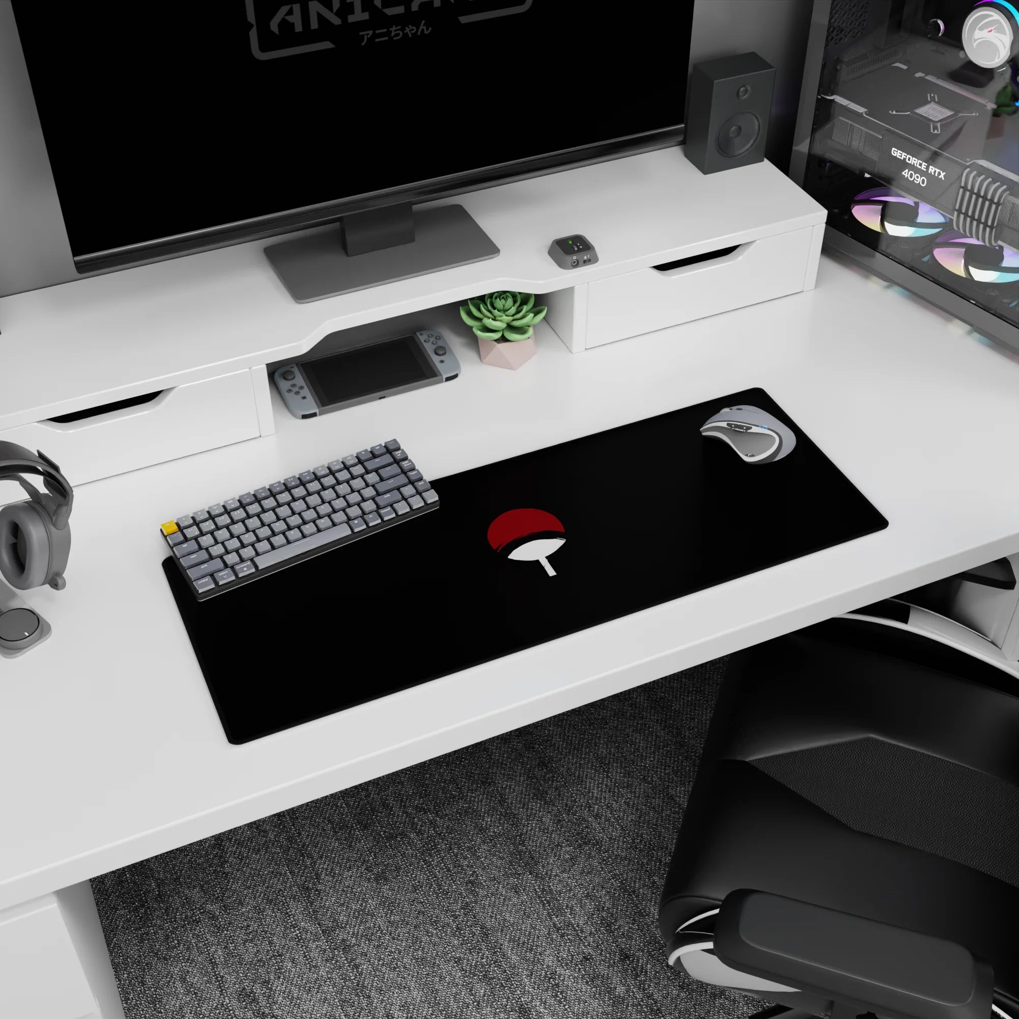 32x12 inches Naruto Sasuke Uchiha inspired mouse pad featuring the Uchiha fan symbol floating in black.