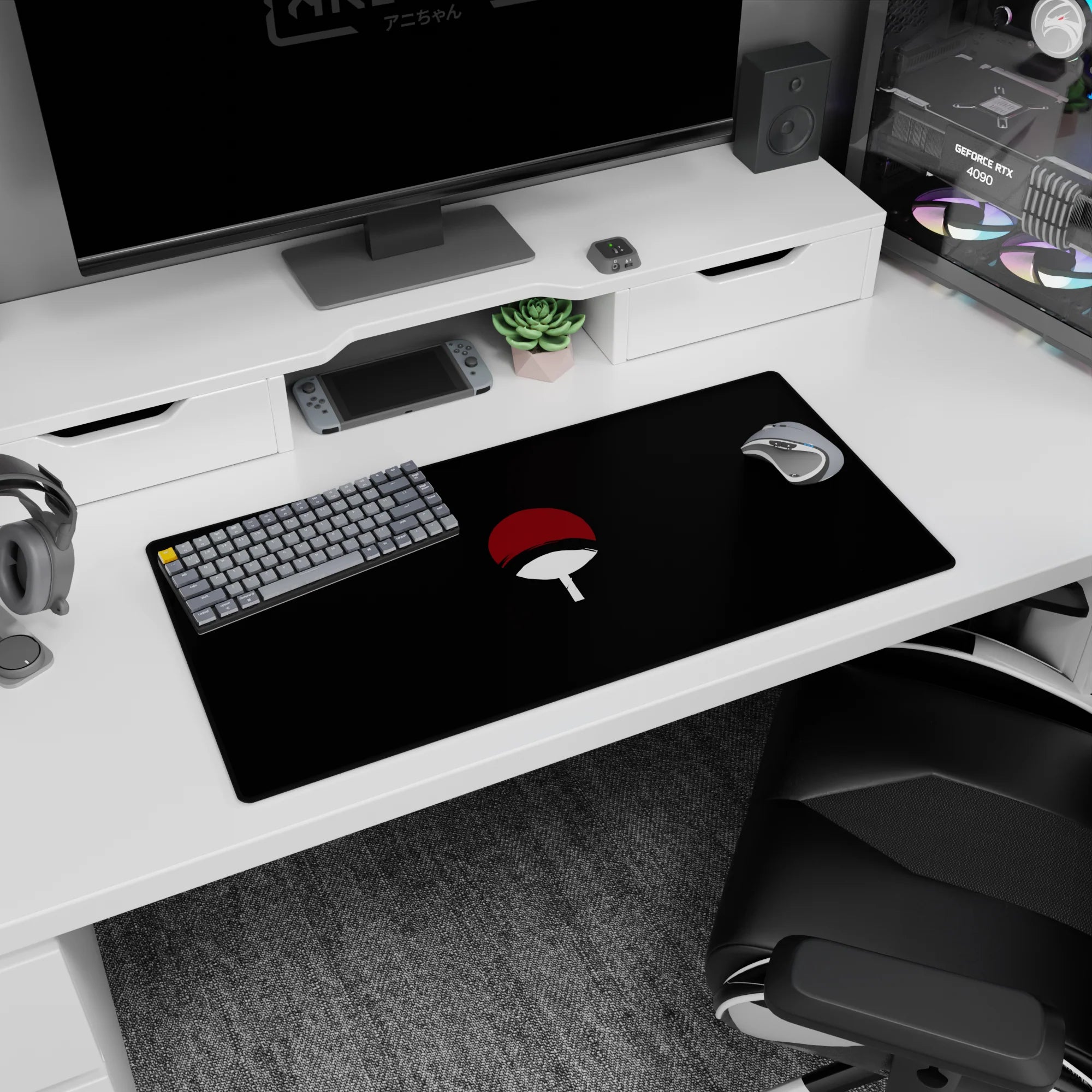 Sasuke Uchiha inspired fan emblem floating on black anime desk mat mouse pad 32x16 inches.