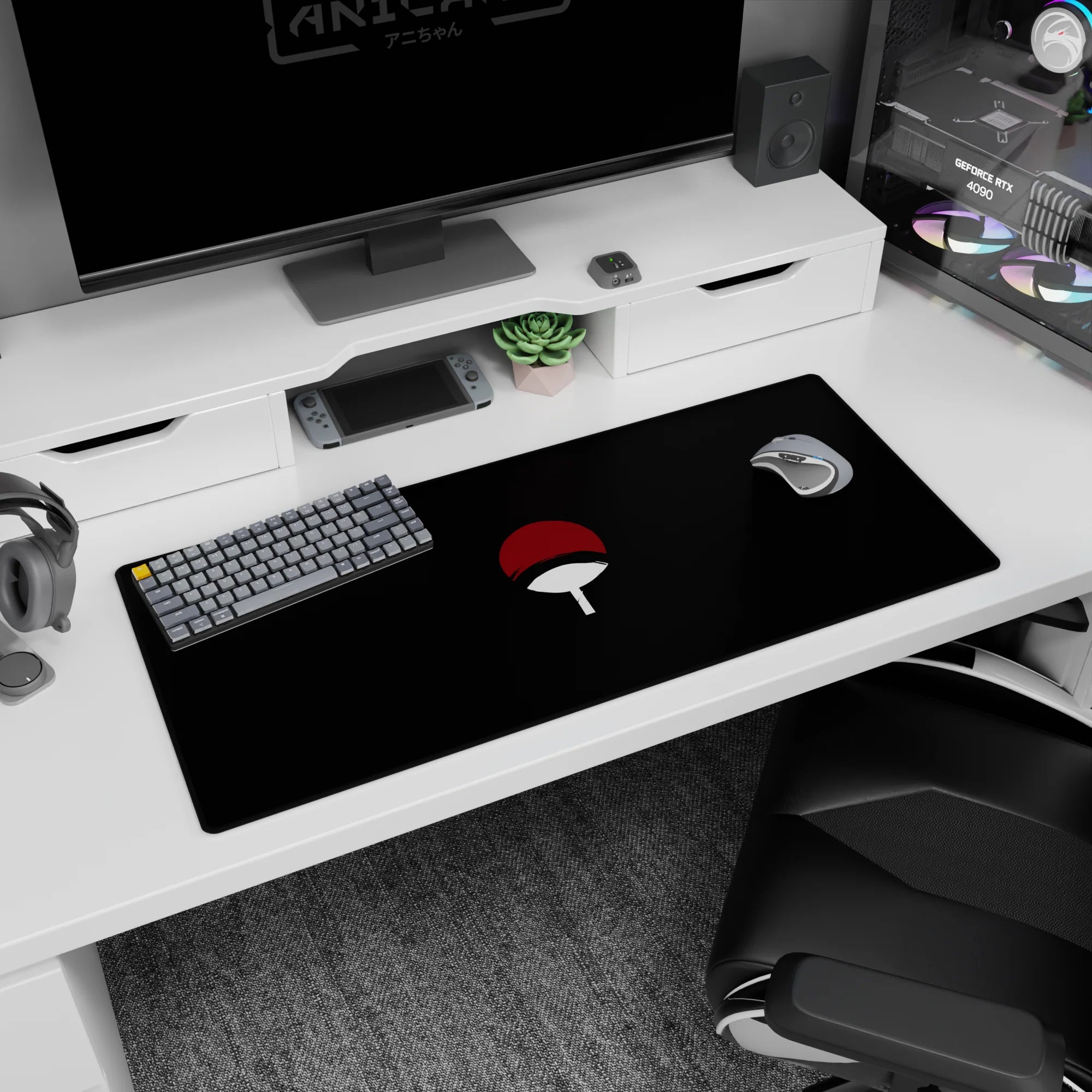 Sasuke Uchiha vibe desk pad with floating Uchiha fan emblem on black, 36x16 inches.