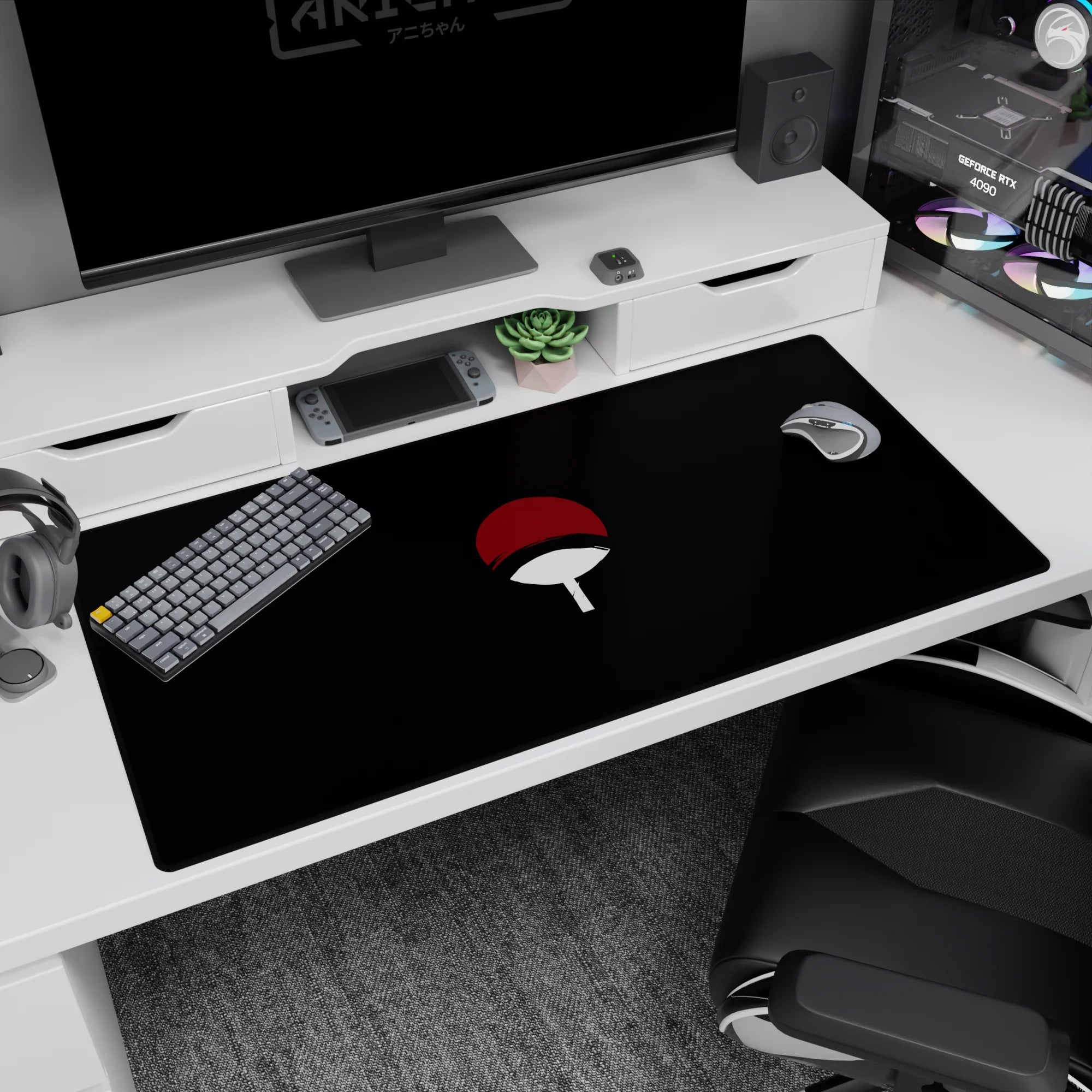 Sasuke Uchiha inspired desk pad 40x20 inches featuring the Uchiha fan emblem on black.