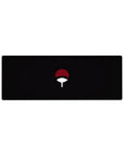 32x12 inches anime mouse pad with Uchiha clan fan emblem on a deep black extended desk mat.