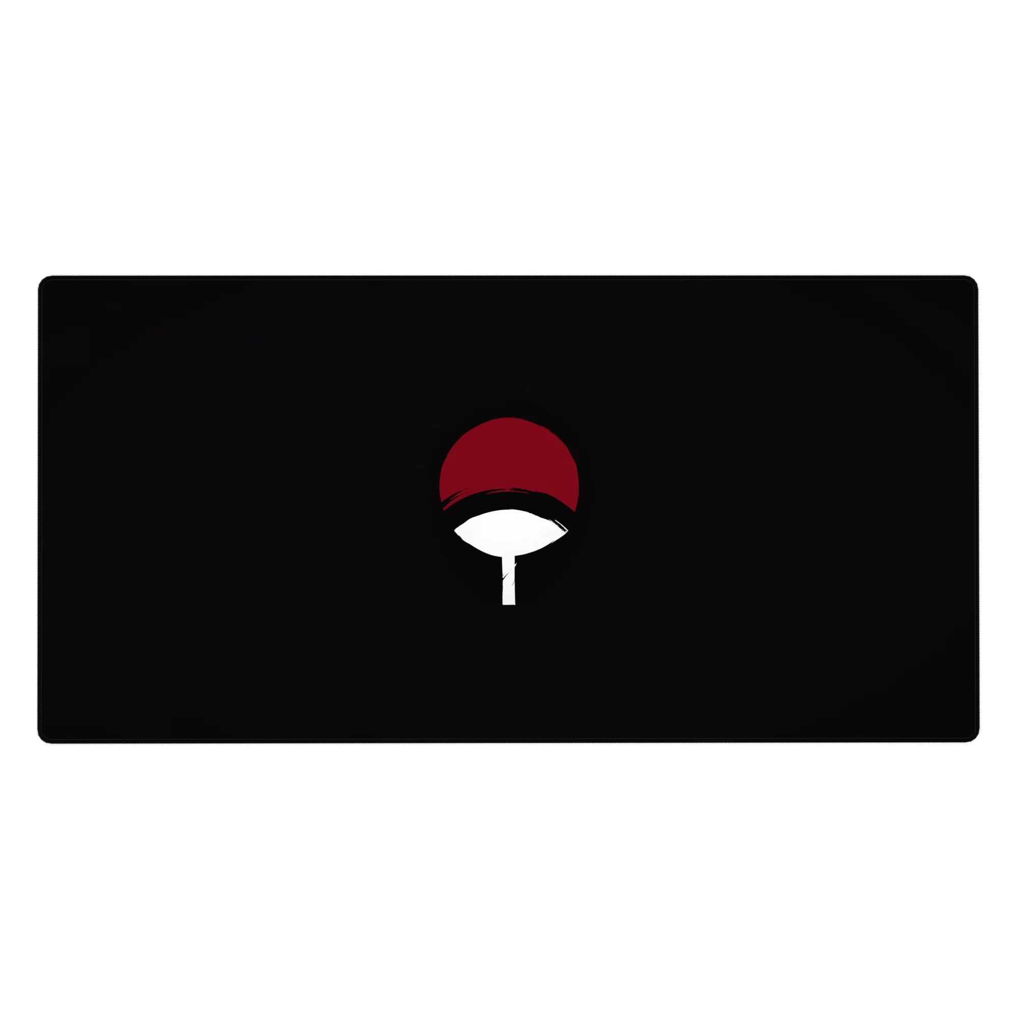 Naruto Uchiha clan fan symbol anime desk pad, black background, 40x20 inches.