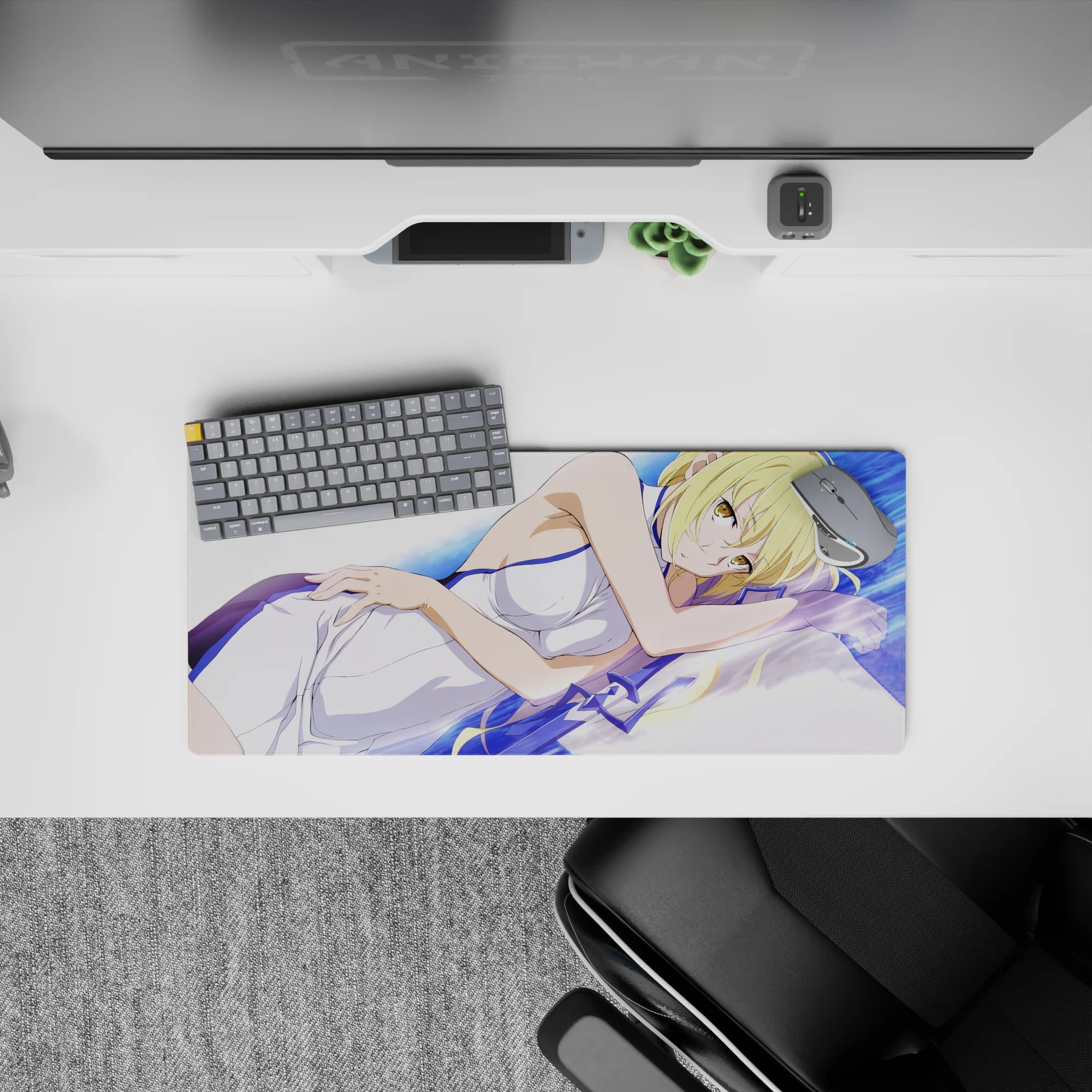 Dreamy pastel anime mouse pad 28x12 inches with soft blue waves, violet accents, and cozy flirty vibe.