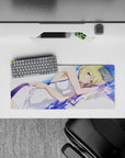 Dreamy pastel anime mouse pad 28x12 inches with soft blue waves, violet accents, and cozy flirty vibe.