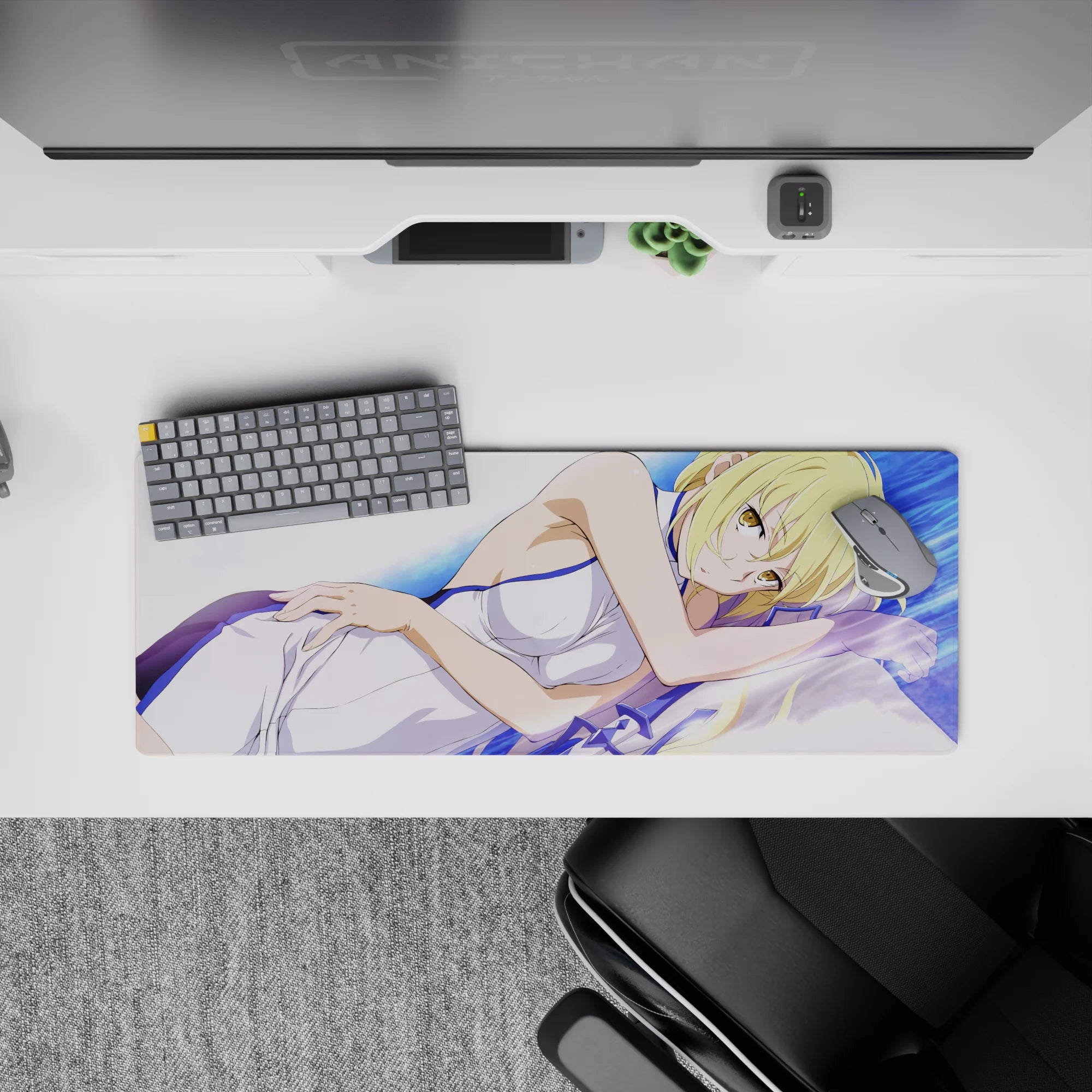 32x12 inches anime mouse pad in dreamy blues and violets, cozy flirty vibe with golden-eyed girl.