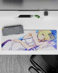 32x12 inches anime mouse pad in dreamy blues and violets, cozy flirty vibe with golden-eyed girl.