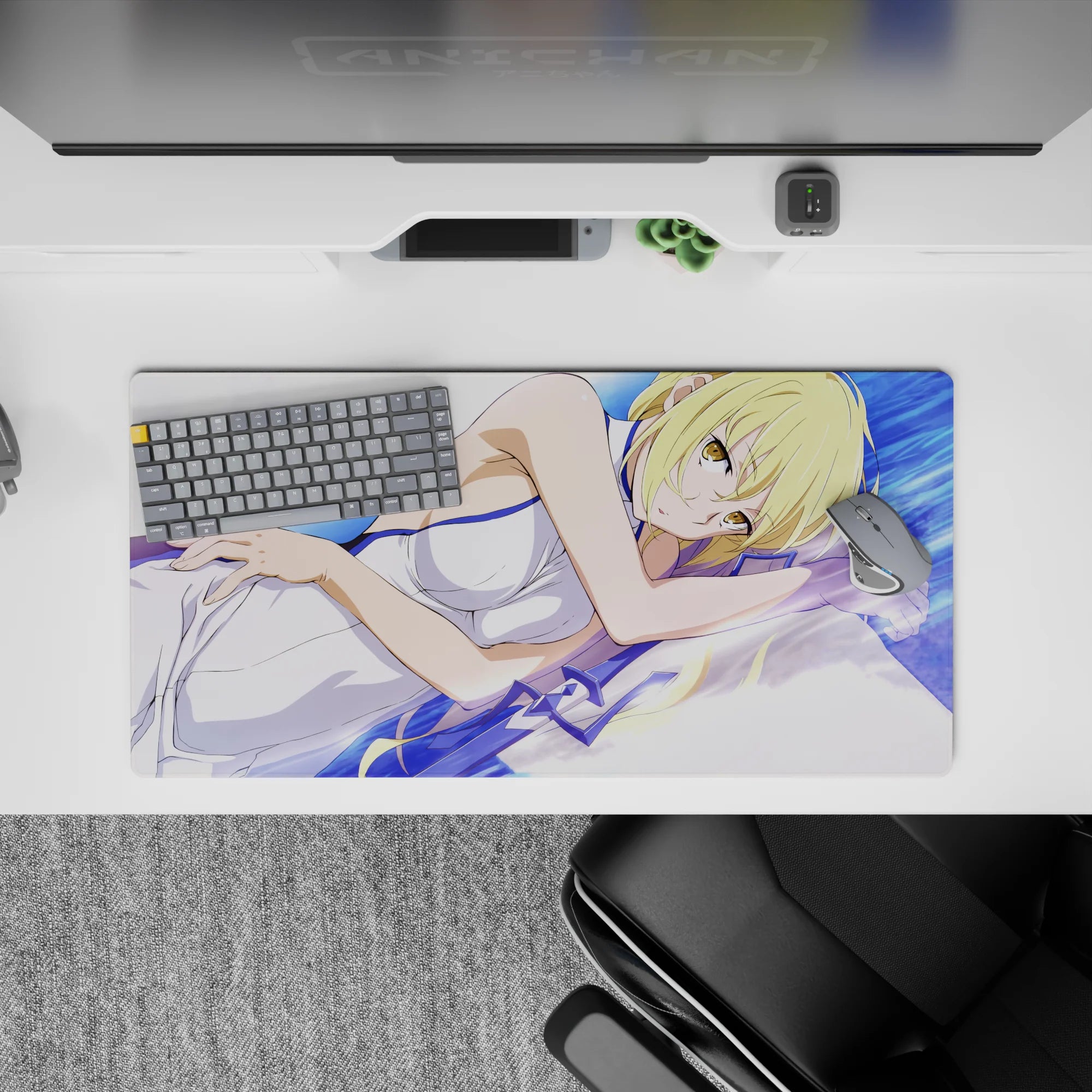 32x16 inches anime girl mouse pad in dreamy blues and violets, calming cozy vibe with golden-eyed heroine.