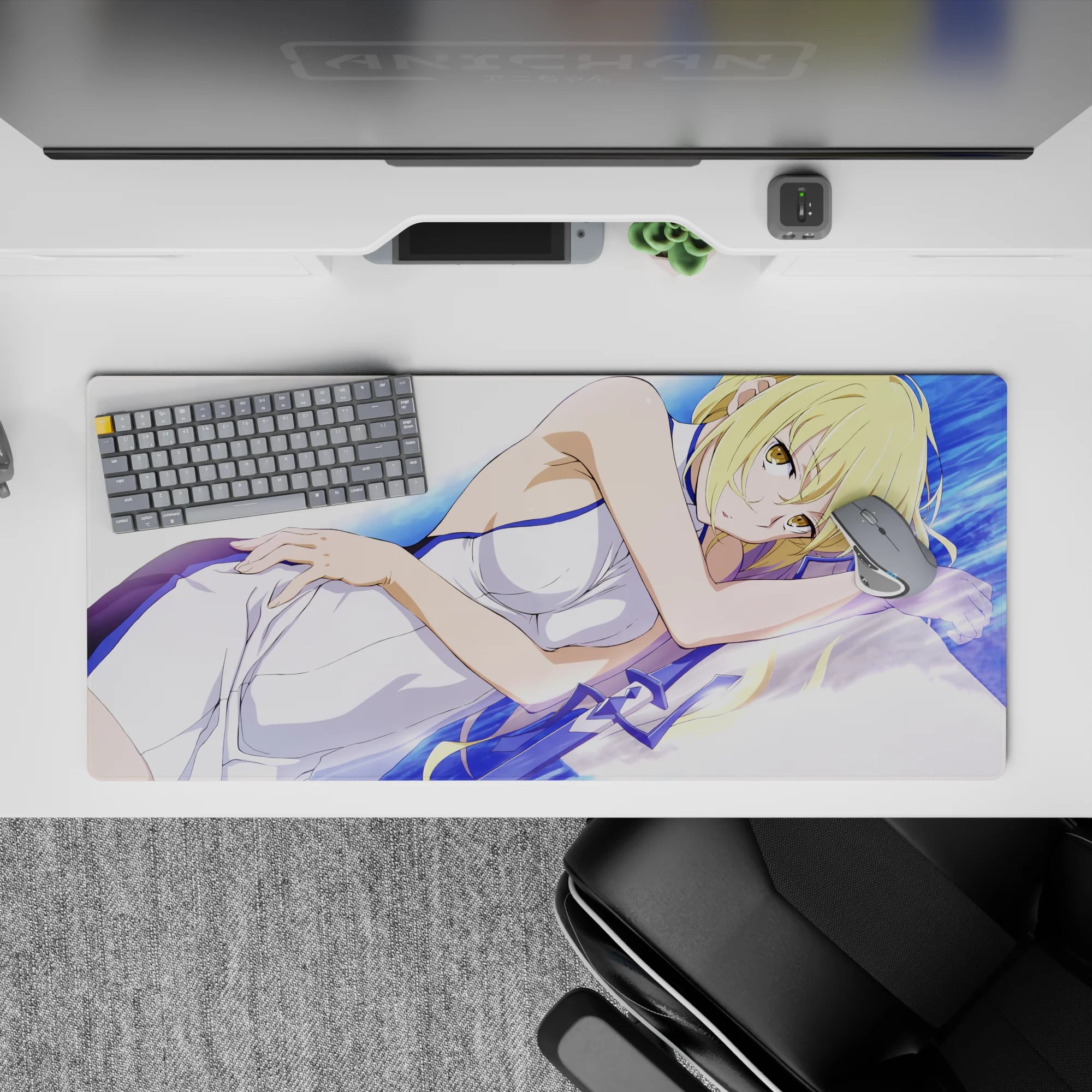 Dreamy pastel anime desk pad 36x16 inches in blue waves and violet accents, calm cozy late-night vibe.