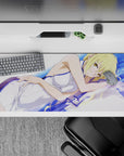Dreamy pastel anime desk pad 36x16 inches in blue waves and violet accents, calm cozy late-night vibe.