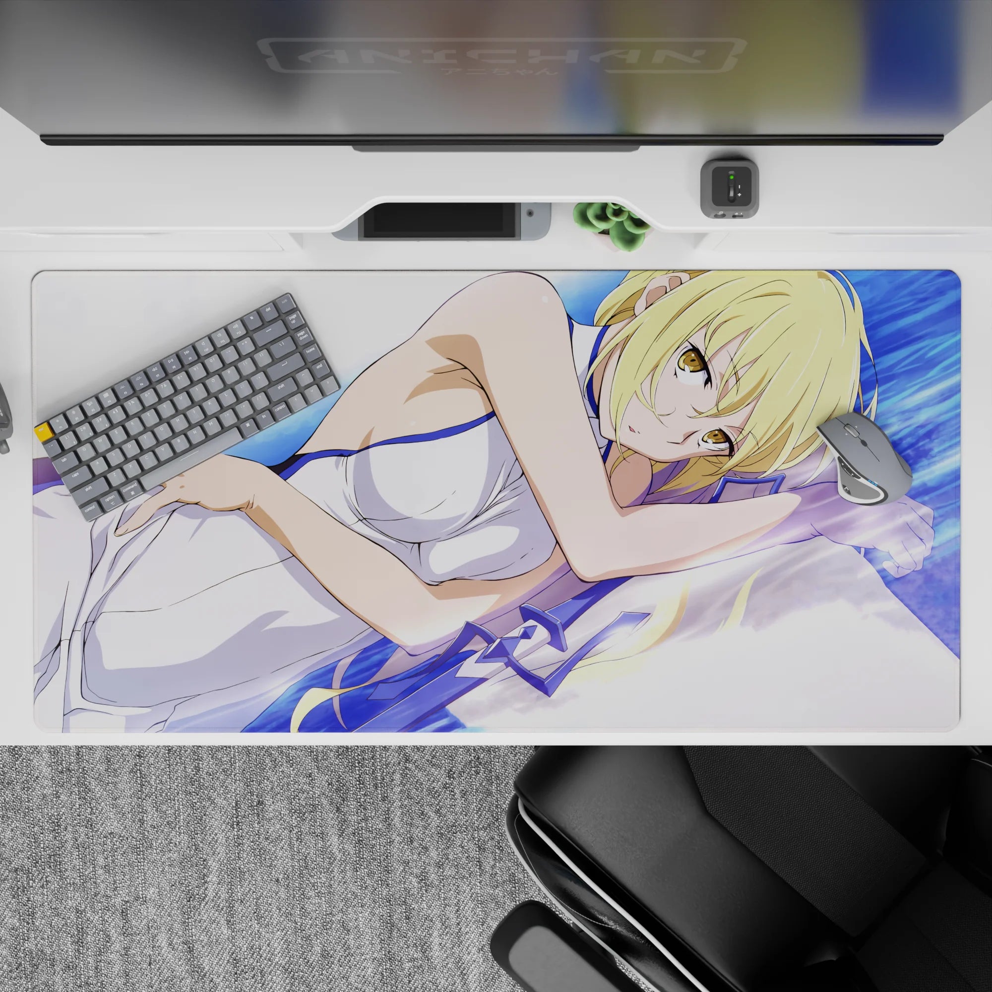 40x20 inches anime desk pad in soft blue and violet accents, calm cozy flirty vibe for gaming setup.
