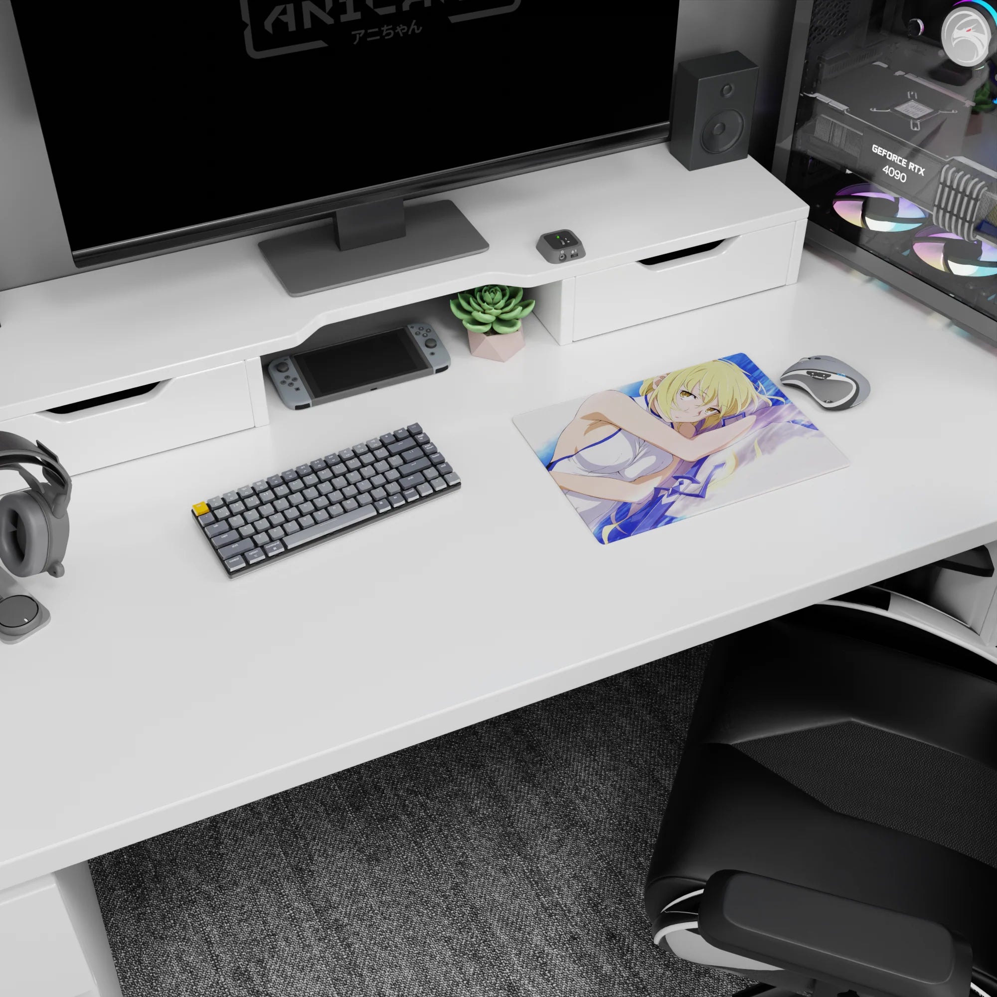Blonde anime girl lounging and hugging a pillow on white bedding mouse pad 14x10 inches.
